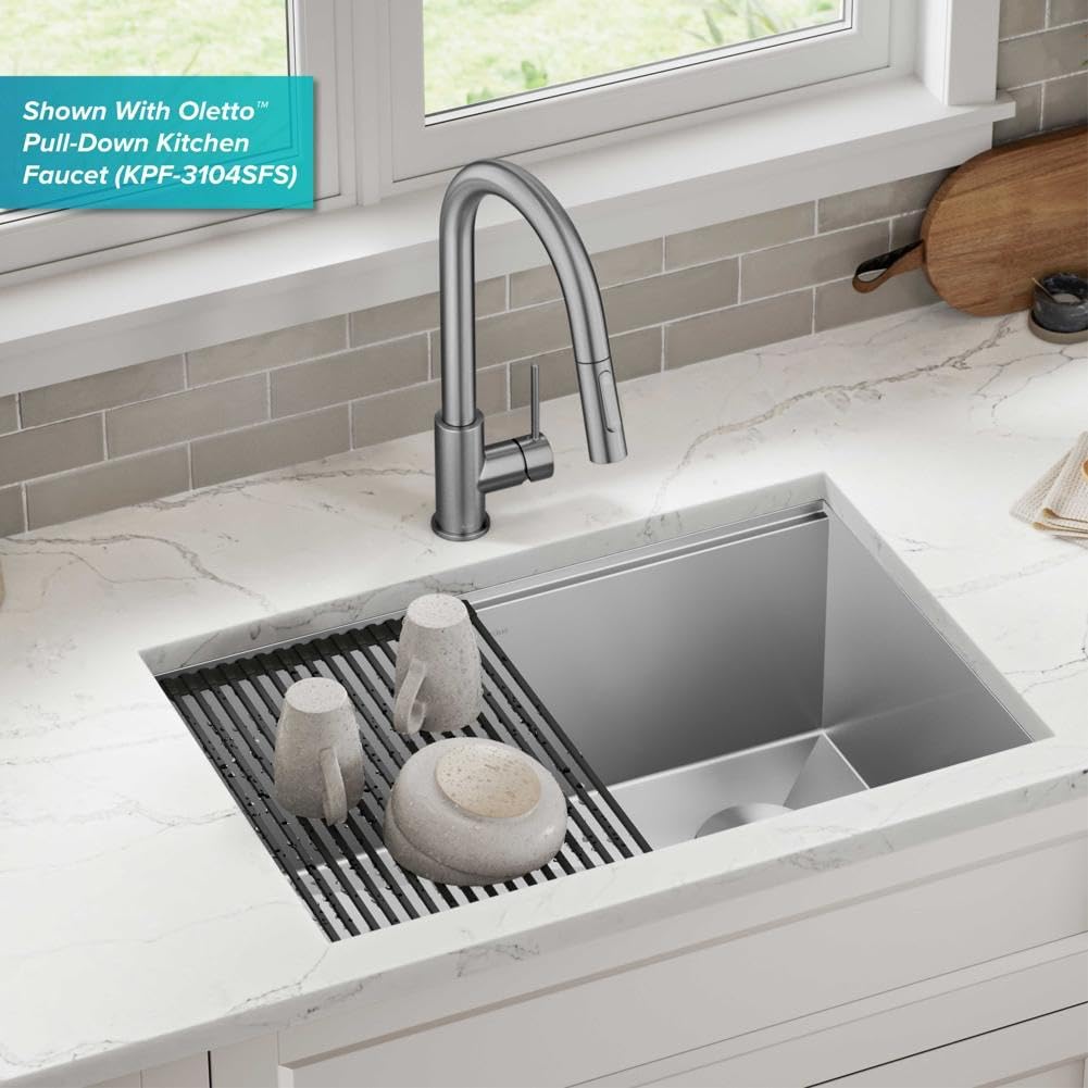 KRAUS Kore 28 Inch Undermount Workstation 16 Gauge Stainless Steel Single Bowl Stainless Steel Kitchen Sink with Accessories, KWU110-28