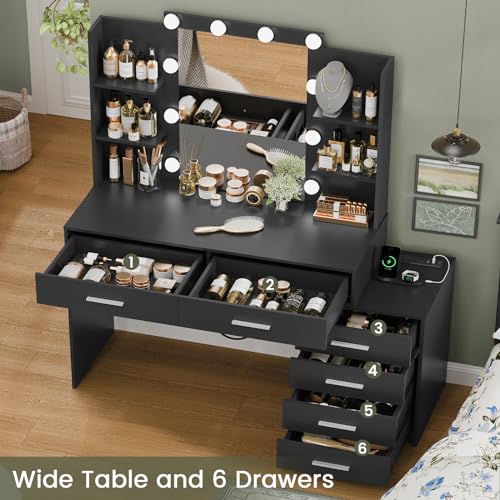Quimoo Large Vanity Desk with LED Lighted Mirror & Power Outlet,Makeup Vanity Table with 7 Drawers,4 Shelves and 5 Hooks,Vanity Table, Vanity Desk Set for Bedroom,Bathroom,White