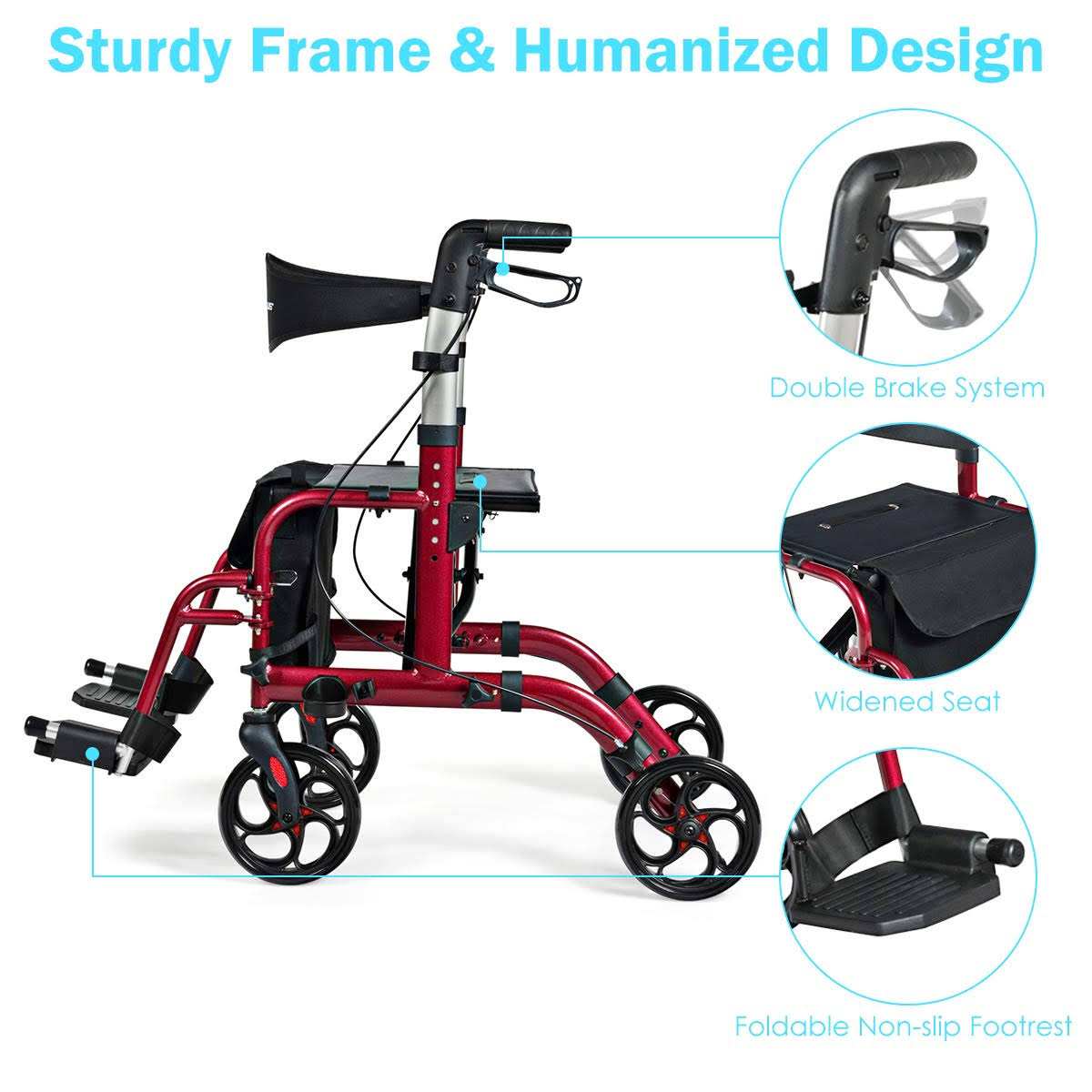 Aluminum Adjustable Folding Handle Medical Walker Rollator Red
