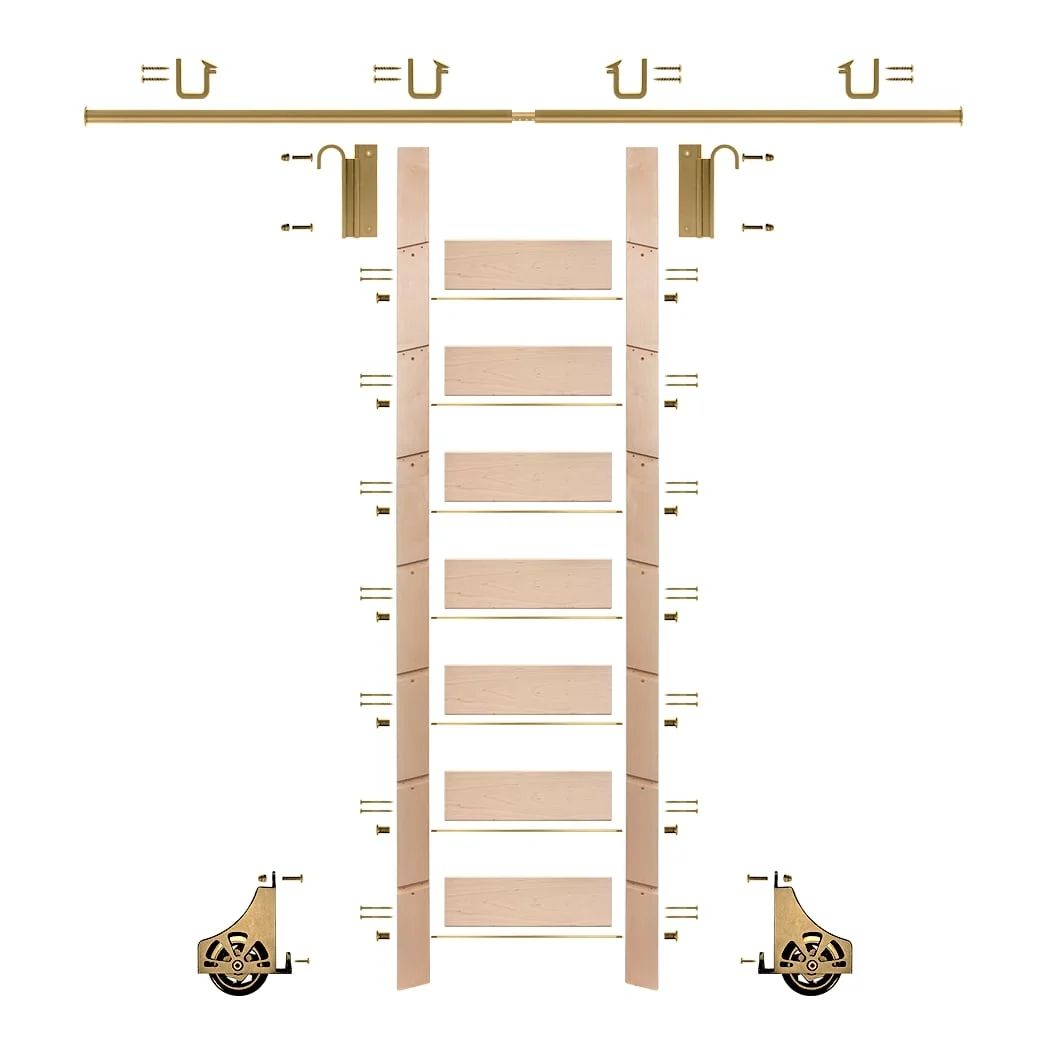 92 in. Un-Finished Maple Library Ladder Polished Brass Sliding Hook Ladder Kit with 8 ft. Rail