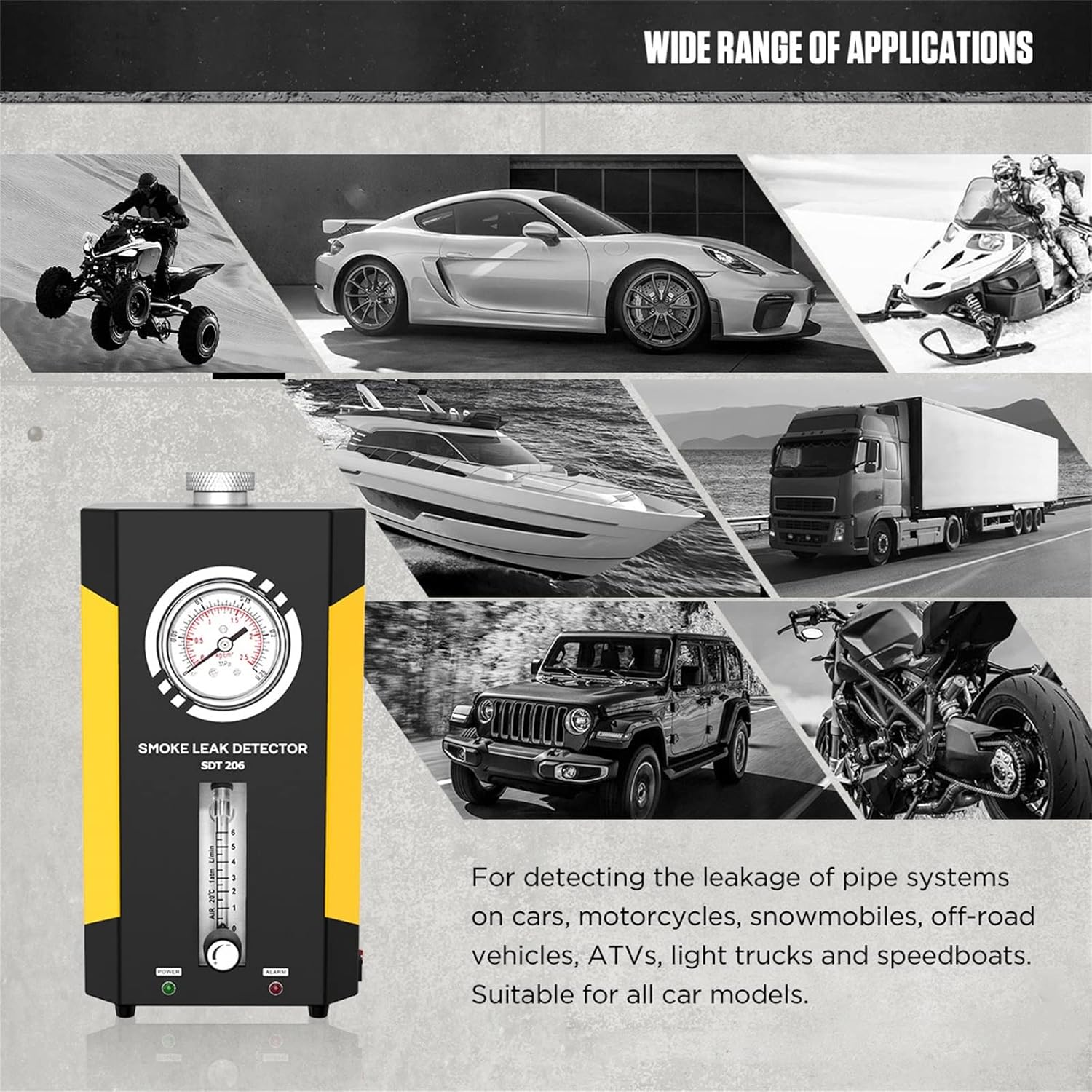 VKALTUL Automotive Smoke Machine Leak Detector EVAP 12V Car Pipe System Smoke Tester with Adjustable Flow Meter for Vehicles Motorcycles