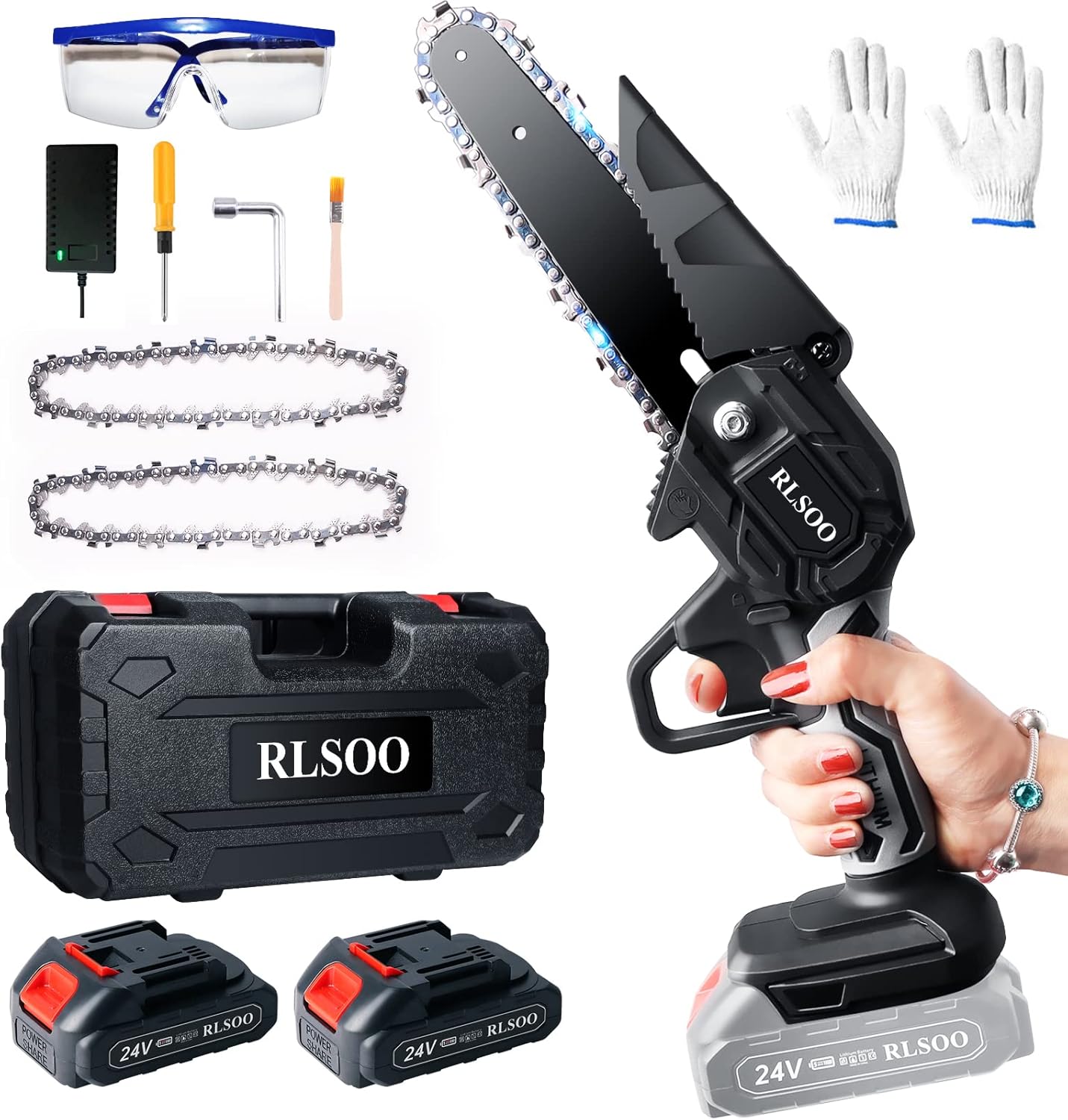Mini Chainsaw, RLSOO Upgraded 6 Inch 24V Battery Powered Mini Chainsaw Cordless, Portable Electric Chainsaw with 2 Batteries and 2 Chains, Handheld Rechargeable Chainsaw for Wood Cutting Tree Pruning Pack of 2