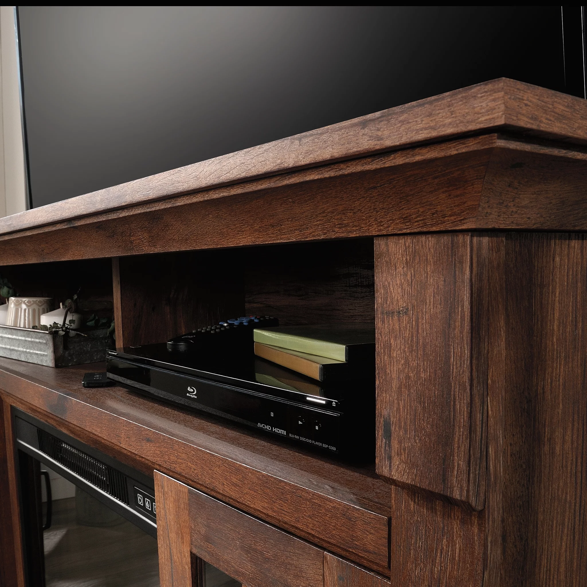 Sauder Rustic Fireplace TV Stand for TVs up to 50", Vintage Oak Finish