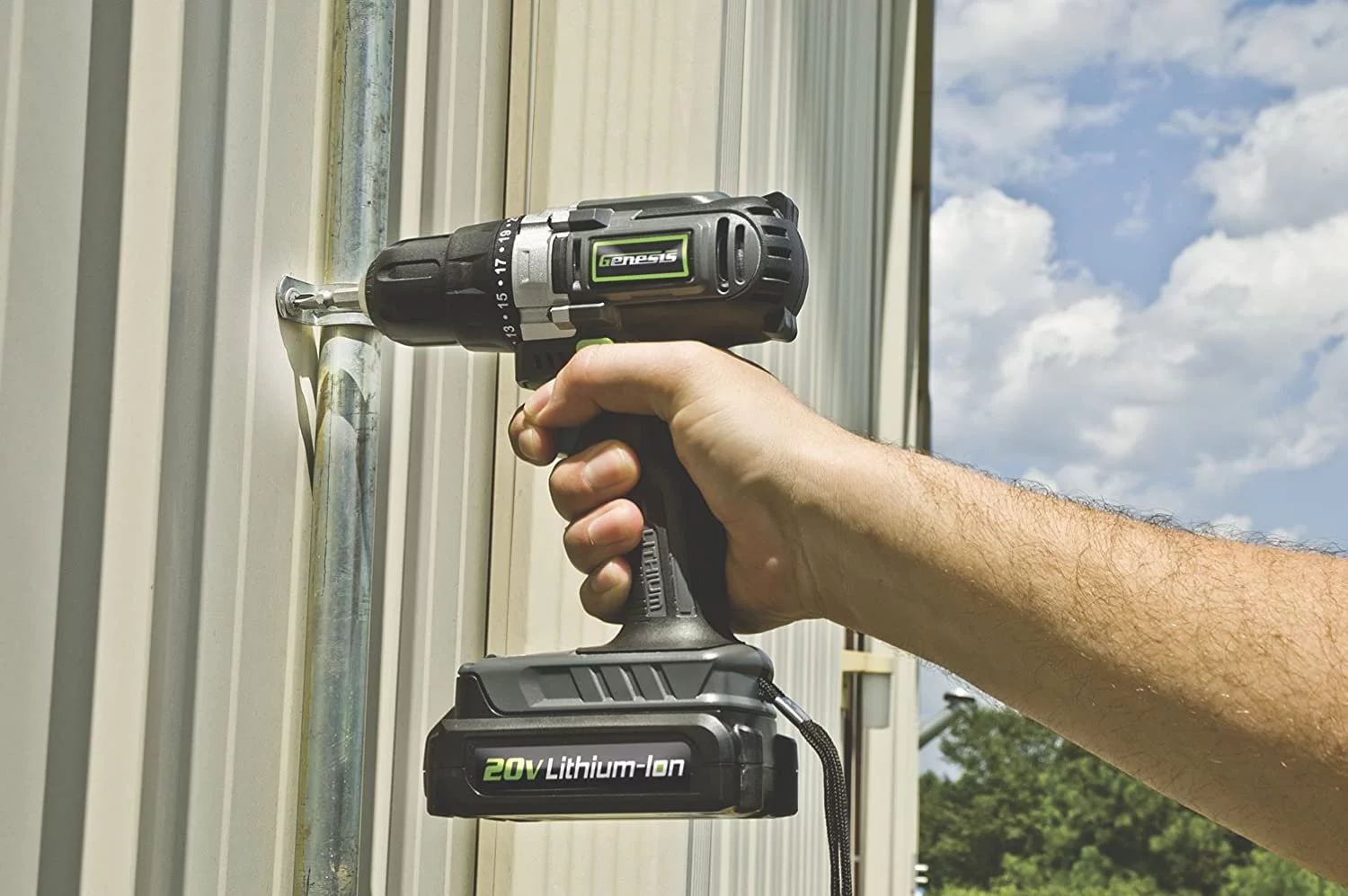 Genesis GLCD2038A 20V Lithium-ion Battery-Powered Cordless Variable Speed Drill Driver with 3/8" Chuck, Built-In LED Work Light, 20V Battery, Charger and Double-Ended Screwdriver Bit, Grey/Black/Green - Curated Treasures Market