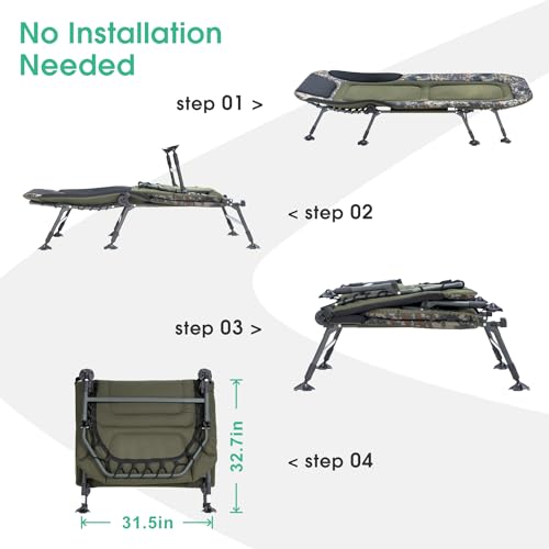XXL Camping Cots for Adults 330Lbs with Carry Bag, Heavy Duty Folding Bed with Soft Padded Cushion, Portable Military Cot for Hunting, 180° Adjustable Reclining Outdoor Lounger