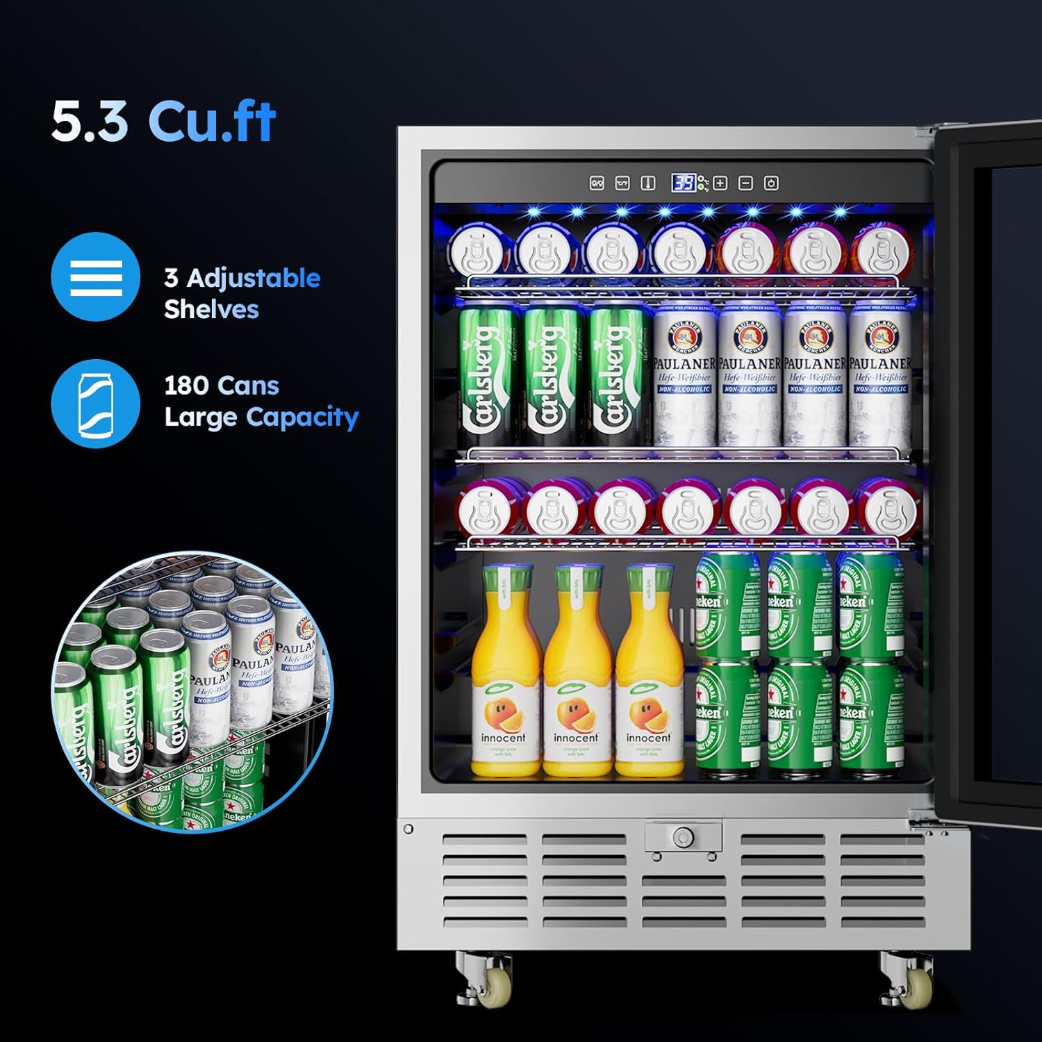 Outdoor Beverage Refrigerator with Glass Door, 24 Inch Under Counter Indoor/Outdoor Beverage Fridge for Patio, 190 Cans Built-in/Freestanding Beverage Cooler Beer Fridge with Safety Lock/Wheels