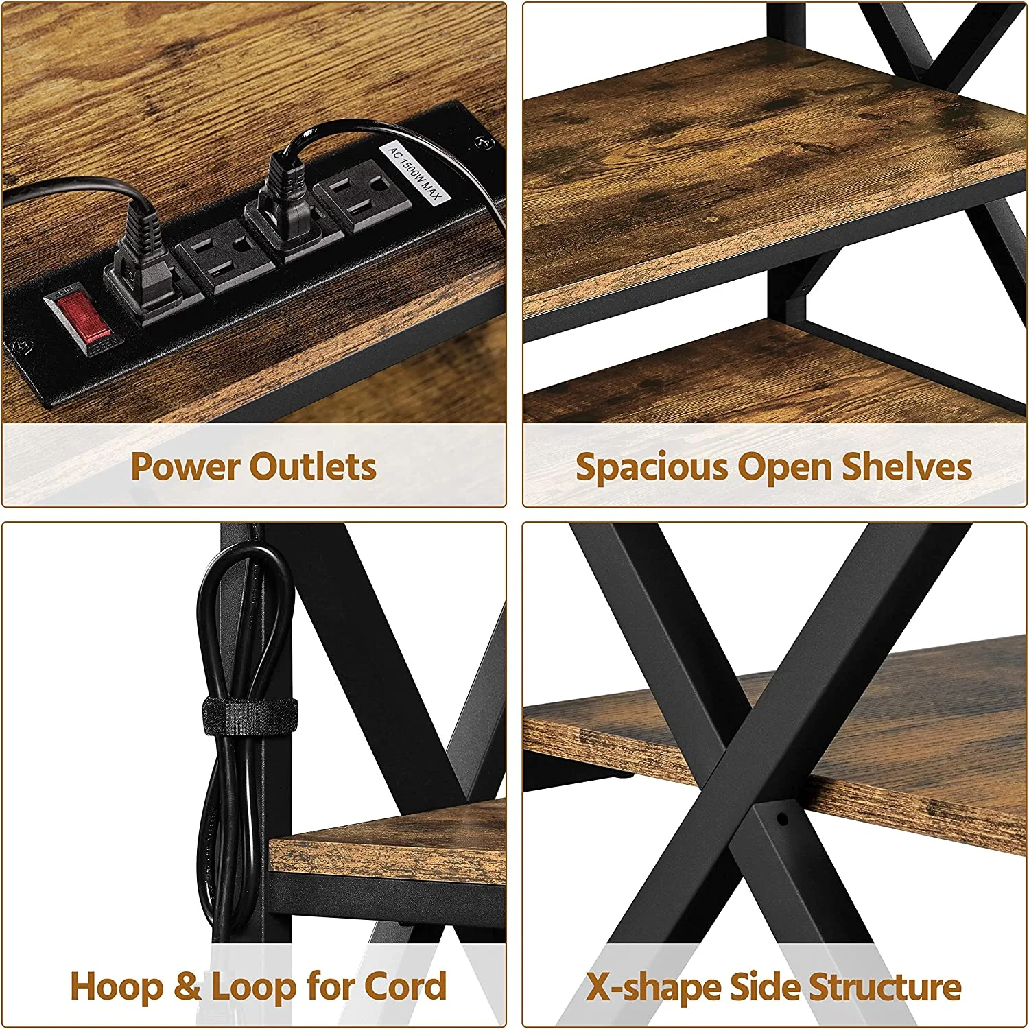 TV Stand for TV up to 65 inch, Industrial TV Cabinet with Power Outlets for Living Room, Media Entertainment Center TV Console with 3 Tier Storage Shelves & Charging Station, Rustic Brown