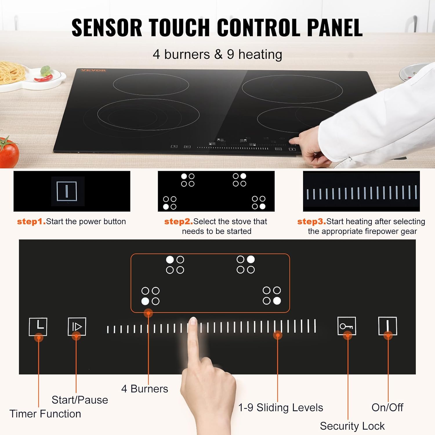 VEVOR Built in Electric Stove Top, 24 inch 4 Burners, 240V Glass Radiant Cooktop with Sensor Touch Control, Timer & Child Lock Included, 9 Power Levels for Simmer Steam Slow Cook Fry