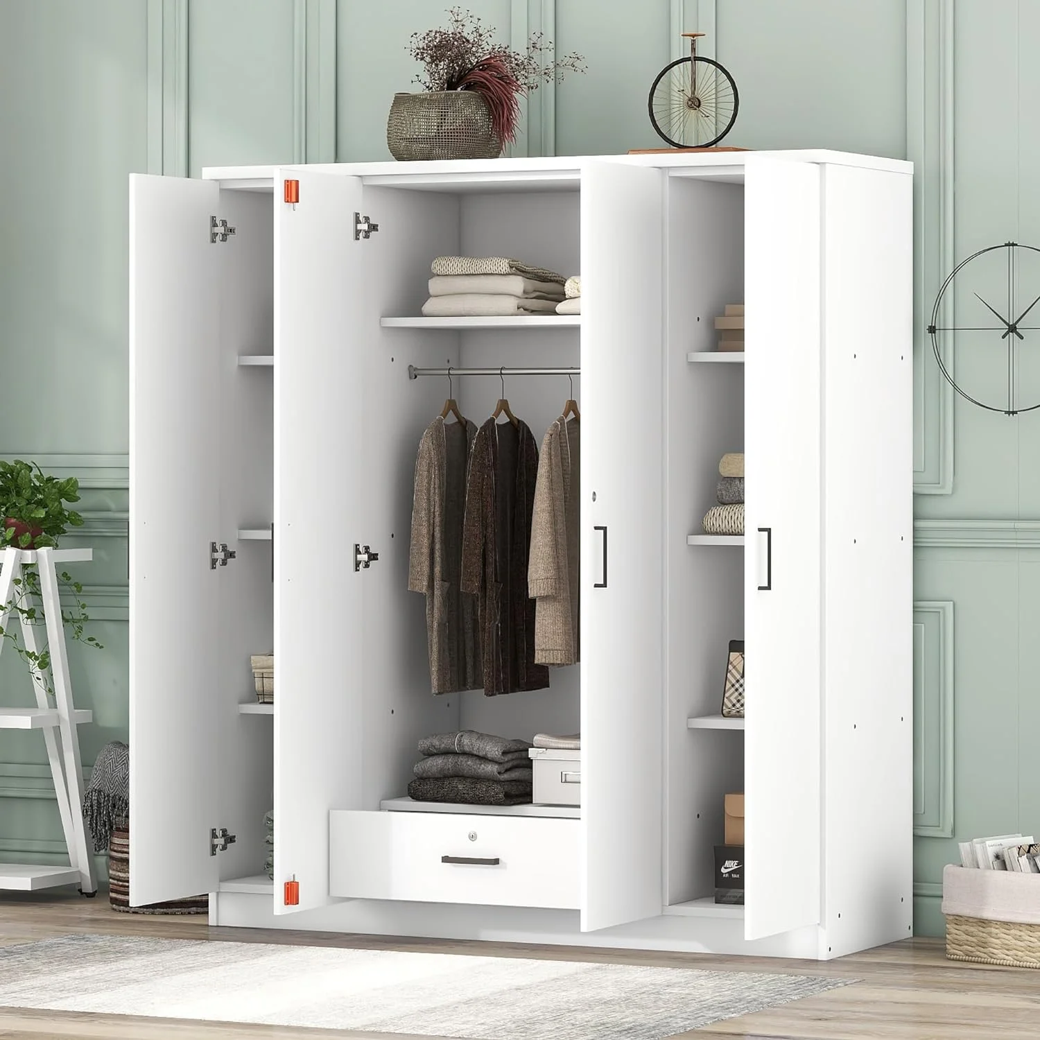 Modern Wardrobe, Large 4 Doors Wardrobe Closet With 1 Drawer, Wardrobe Cabinet For Hanging Clothes, Bedroom Clothes Storage Cabinet Organizer, White - Curated Treasures Market