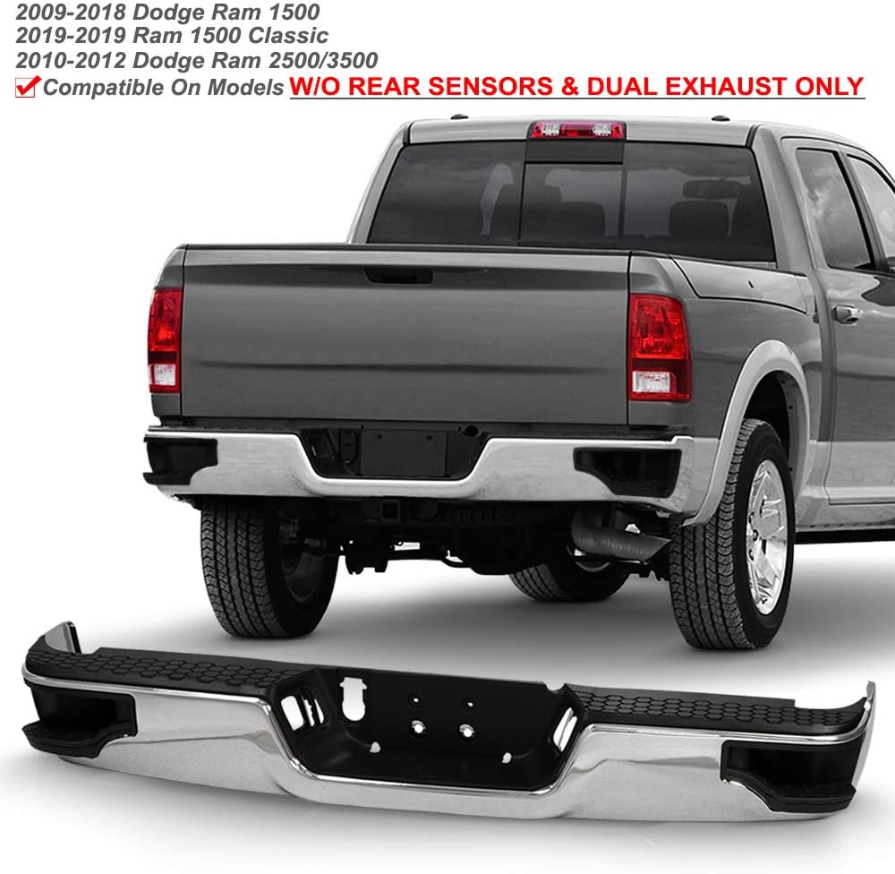 ACANII - For 2009-2018 Dodge Ram 1500 10-12 Ram 2500 3500 [Corner Step Style] Chrome Steel Complete Rear Bumper Assembly