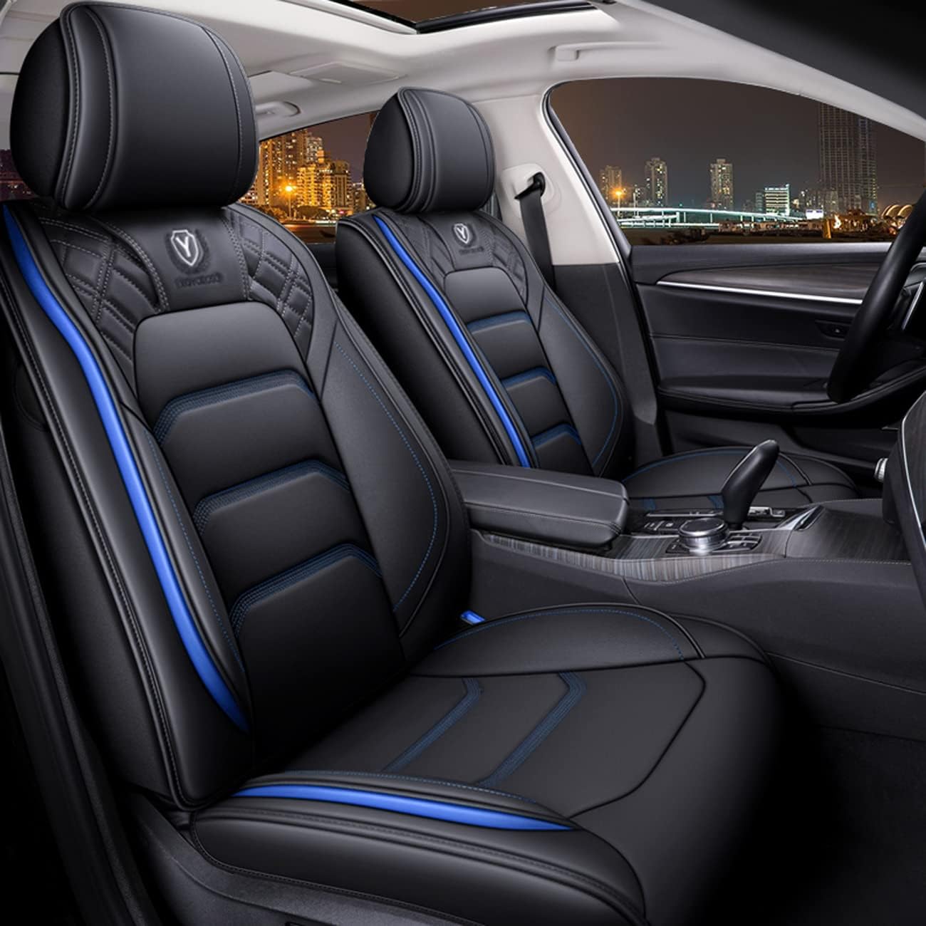 OSO Comfortable Leather Auto Car Seat Covers 5 Seats Full Set Universal Fit (Blue&White)