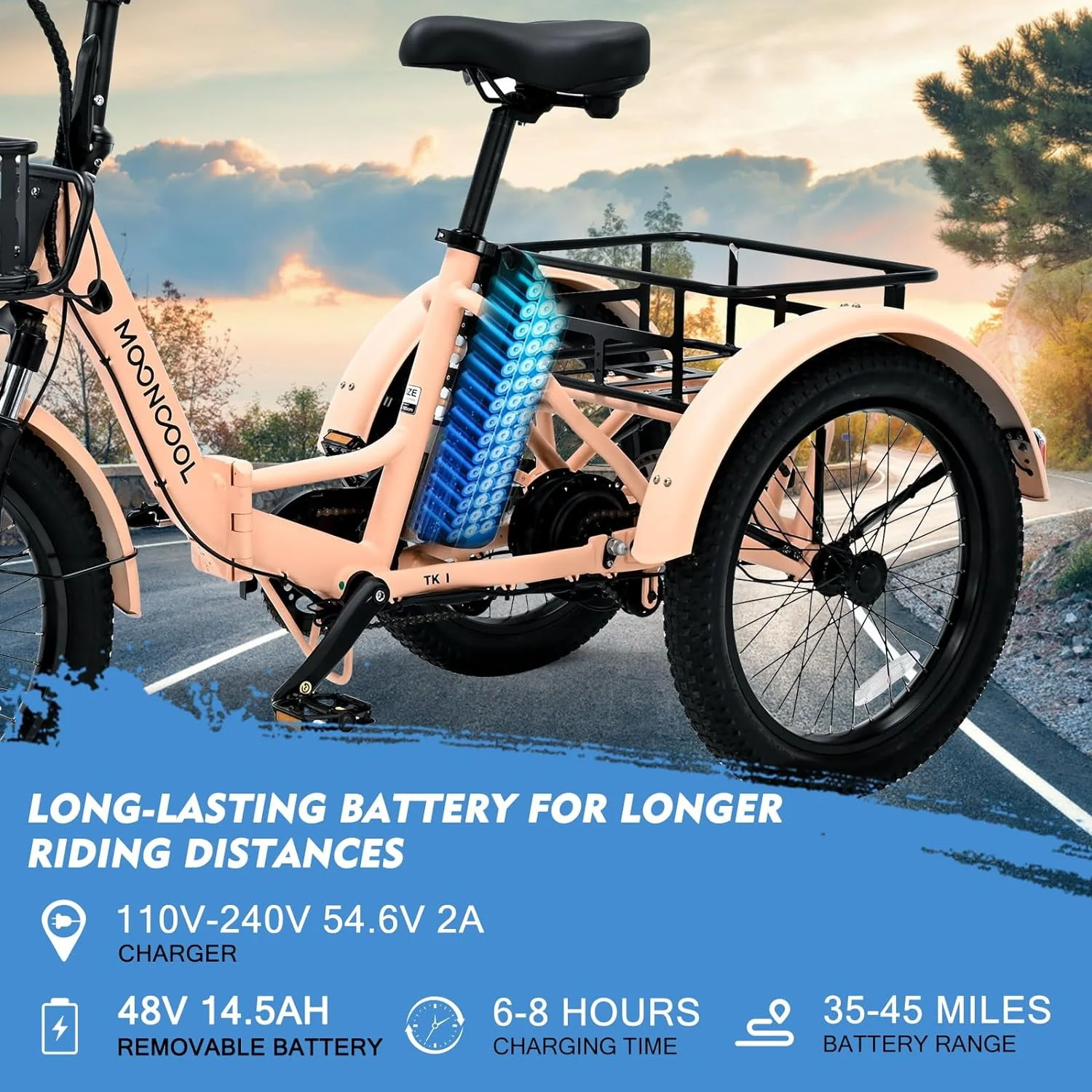 MOONCOOL 24/26 Electric Tricycle for Adults, 350W 36V 7 Speeds Electric Trike Motorized Three Wheel Electric Bikes Bicycle with Large Basket for Women Men