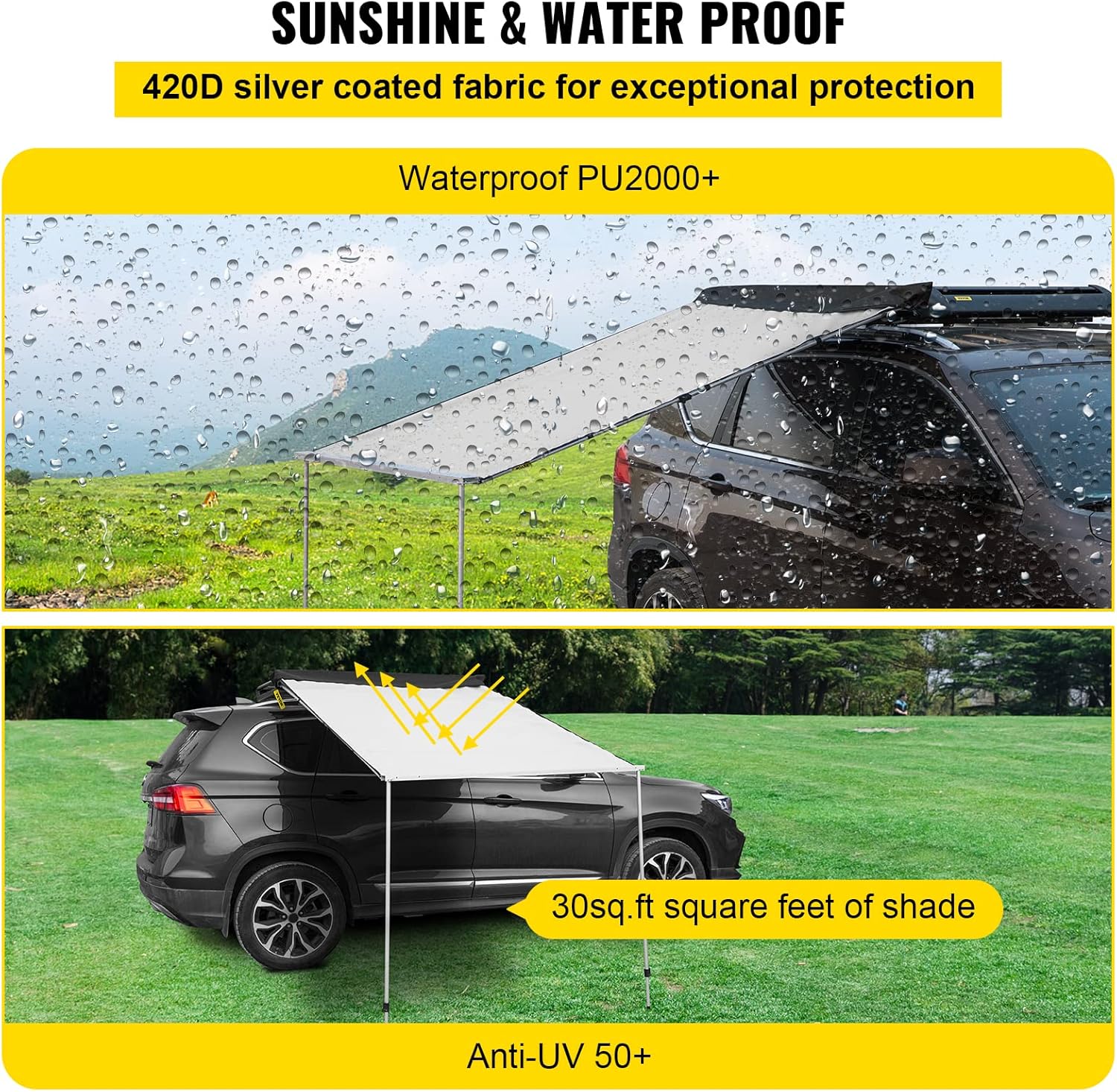 VEVOR Car Side Awning, 4.6'x6.6', Pull-Out Retractable Vehicle Awning Waterproof UV50+, Telescoping Poles Trailer Sunshade Rooftop Tent w/ Carry Bag for Jeep/SUV/Truck/Van Outdoor Camping Travel, Grey