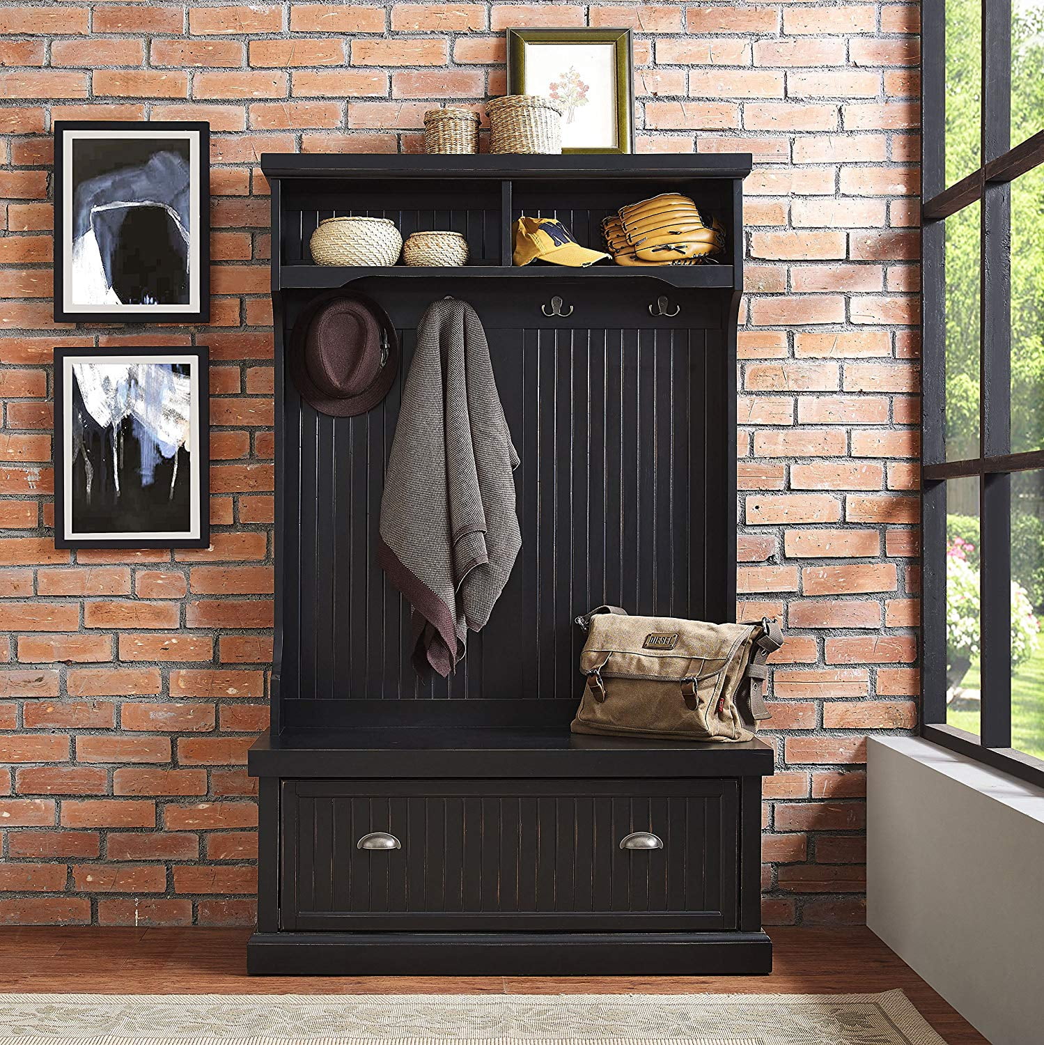 Crosley Furniture Seaside Wood Hall Tree in Distressed  Black