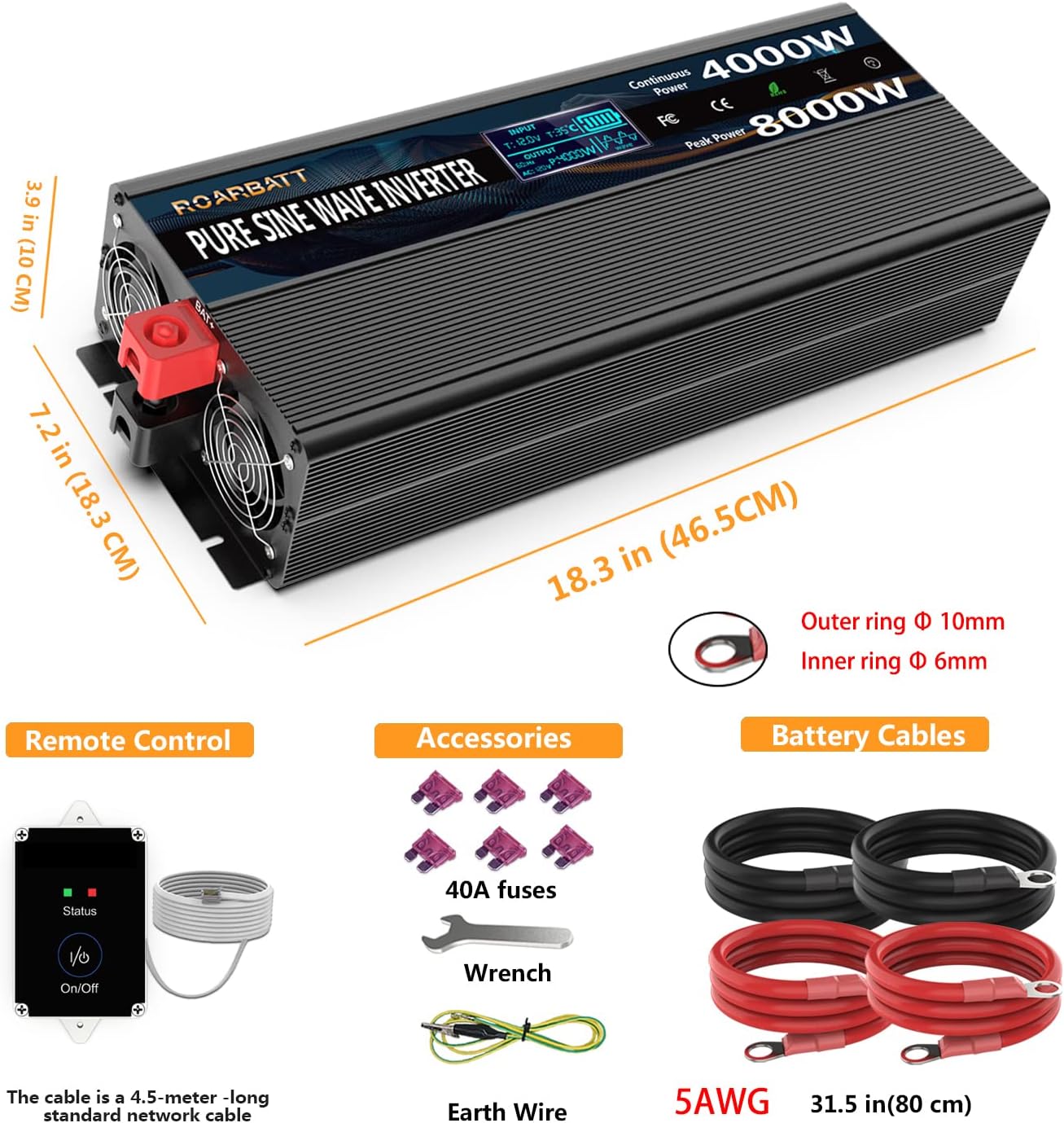 Pure Sine Wave Power Inverters 4000Watt 12V DC to AC 110V 120V Peak Power 8000Watt with Remote Control 4 AC Outlets and Dual USB Port for CPAP RV Car Solar System Emergency
