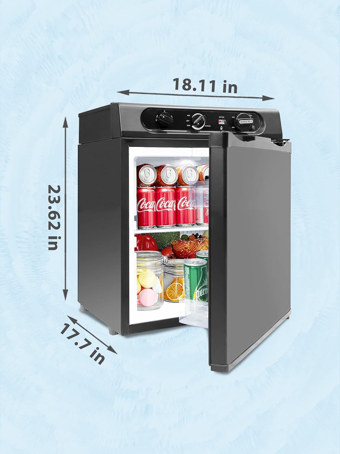 1.4 Cu.Ft Propane Refrigerator off Grid, Camper Fridge, 12 V/110V/LPG Compact RV Refrigerator, 3 Way Gas Refrigerators for Semi Truck, Camper Van, Garage, Black