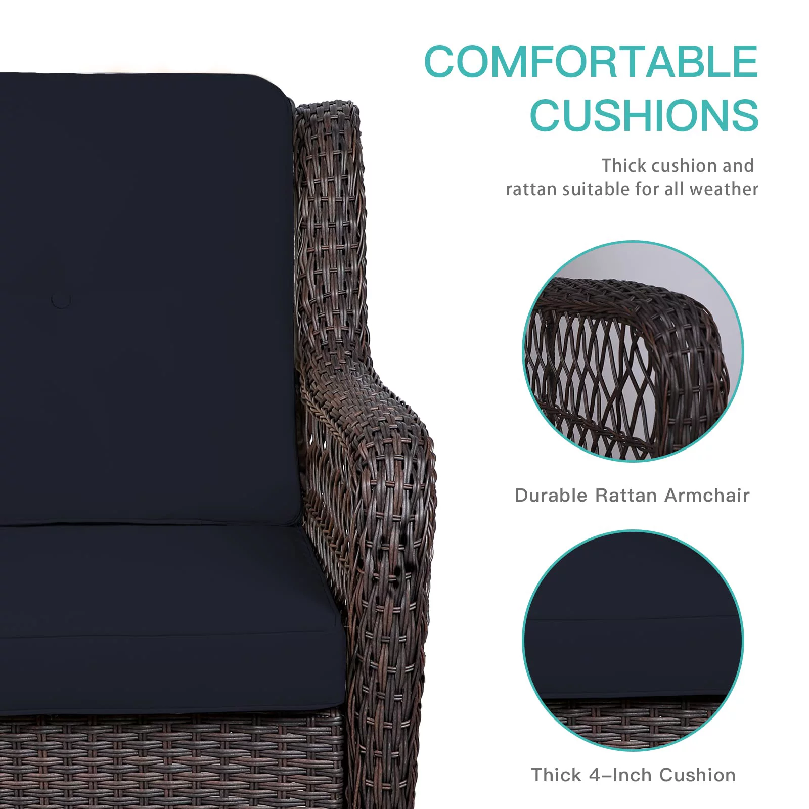 MEETWARM 3-Piece Patio Wicker Conversation Bistro Set Cushioned, Outdoor Swivel Rocking Chairs Rattan Furniture Sets with Thickened Cushion and Glass-Top Coffee Table (Navy Blue)