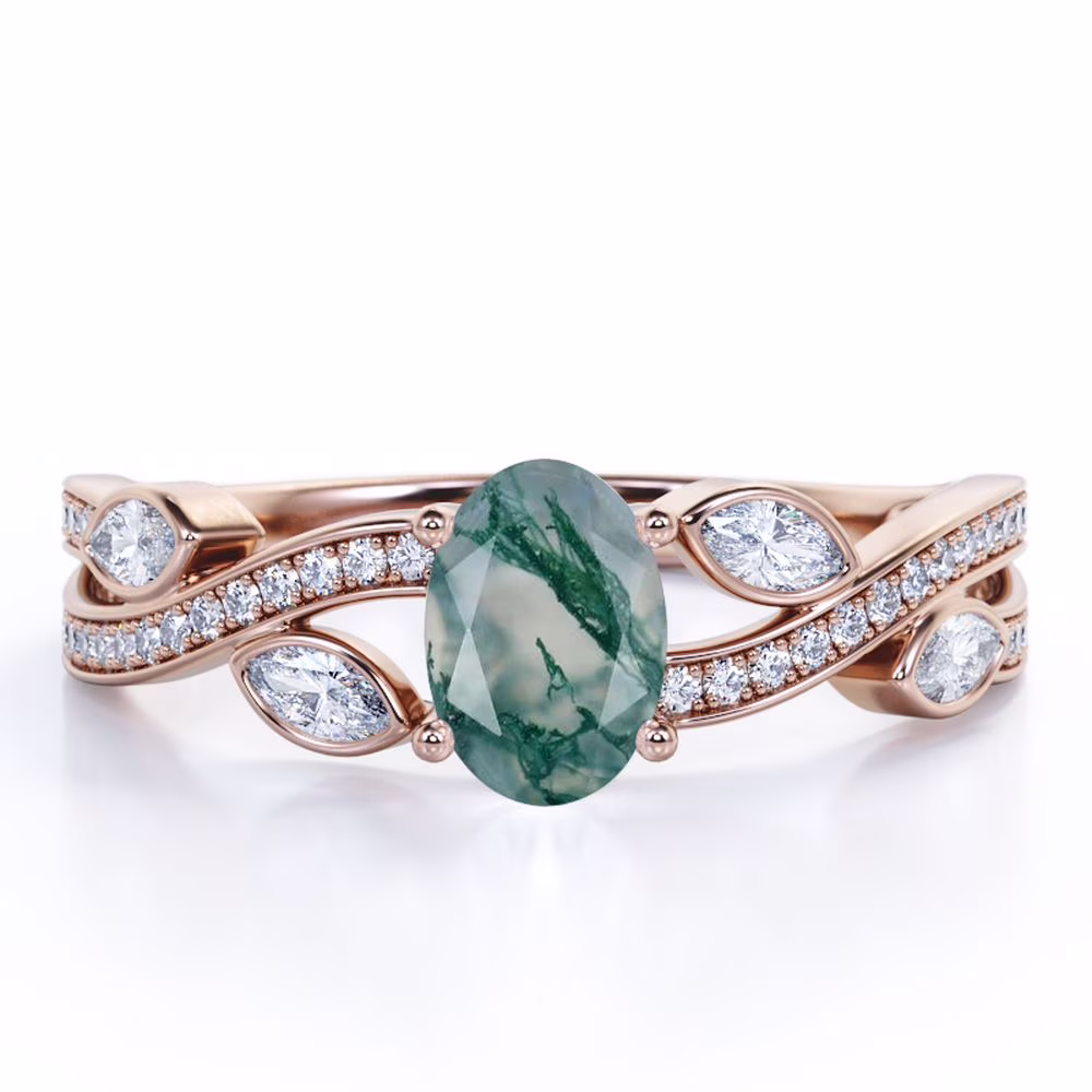 JeenMata 1.5 Carat Crossover Oval Shaped Opaque Milky Moss Green Agate And Moissanite Pave-Channel Bezel Filigree Engagement Ring In 18K Rose Gold Plating Over Silver