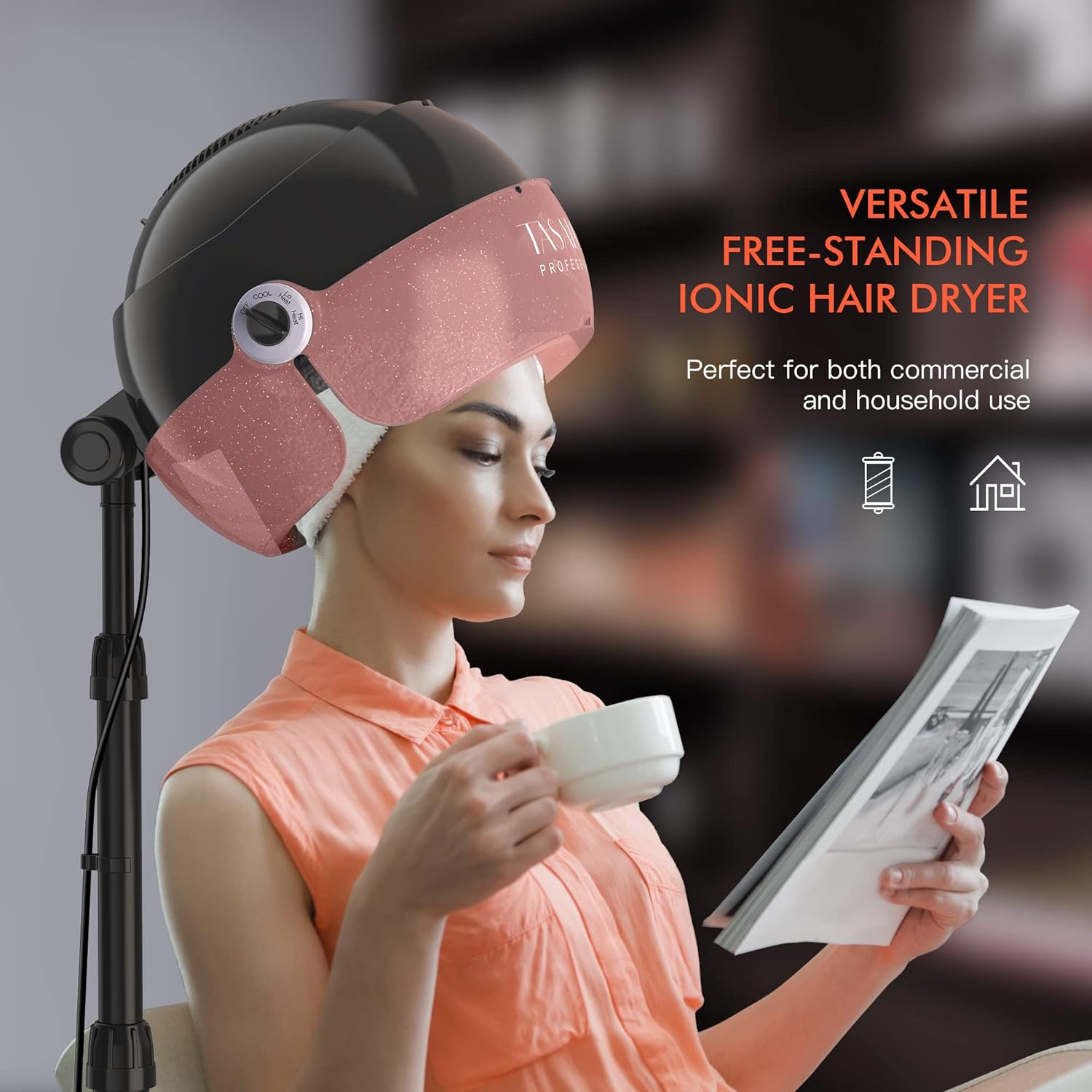 TASALON Ionic Hooded Hair Dryer, 1875W Professional Adjustable Standing Bonnet with 3 Temperature Settings, Sit Under Hair Dryer for Home, Auto Salon Dryer with Rolling Wheels & Timer, Pink