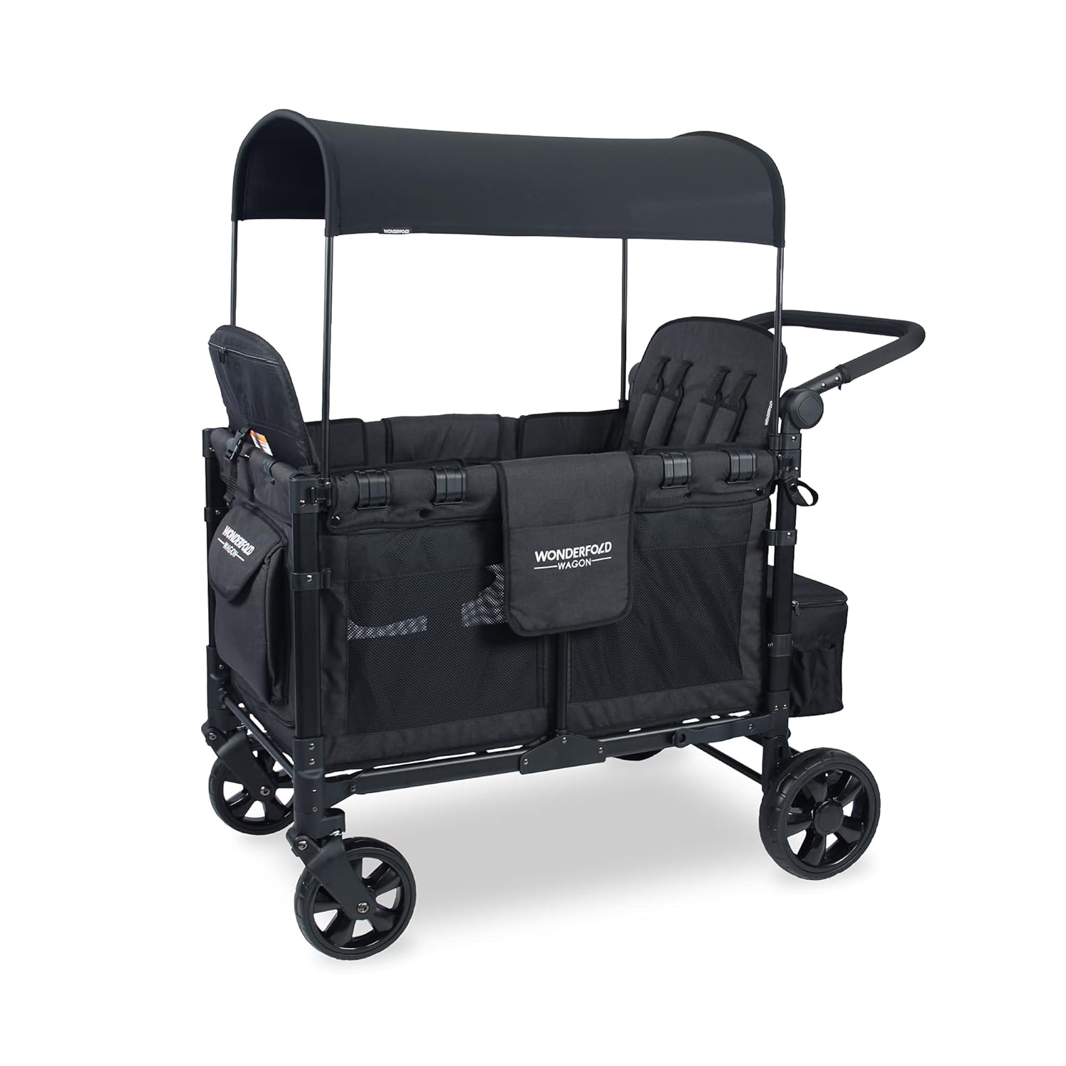 WONDERFOLD W4 4 Seater Multi-Function Quad Stroller Wagon with Removable Raised Seats and Slidable Canopy, Gray