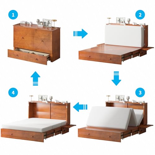 Mjkone Queen Size Murphy Bed with Tri-Folding Mattress, Charging Station, Modern Cabinet Bed with Drawers, Multifunctional Design Wall Murphy Beds for Living Room, Apartment (Cherry Pattern H)