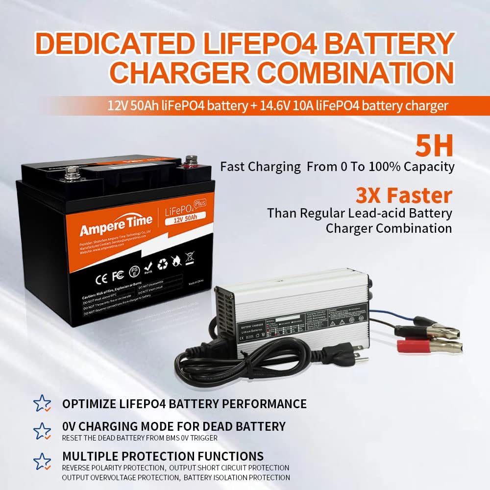 Ampere Time 12V 50Ah LiFePO4 Battery with 14.6V 10A Dedicated Lithium Battery Charger; Built-in 50A BMS, 4000+ Cycles, for Bass Boats, Trolling Motors, Monitoring Device, RV, Solar application…