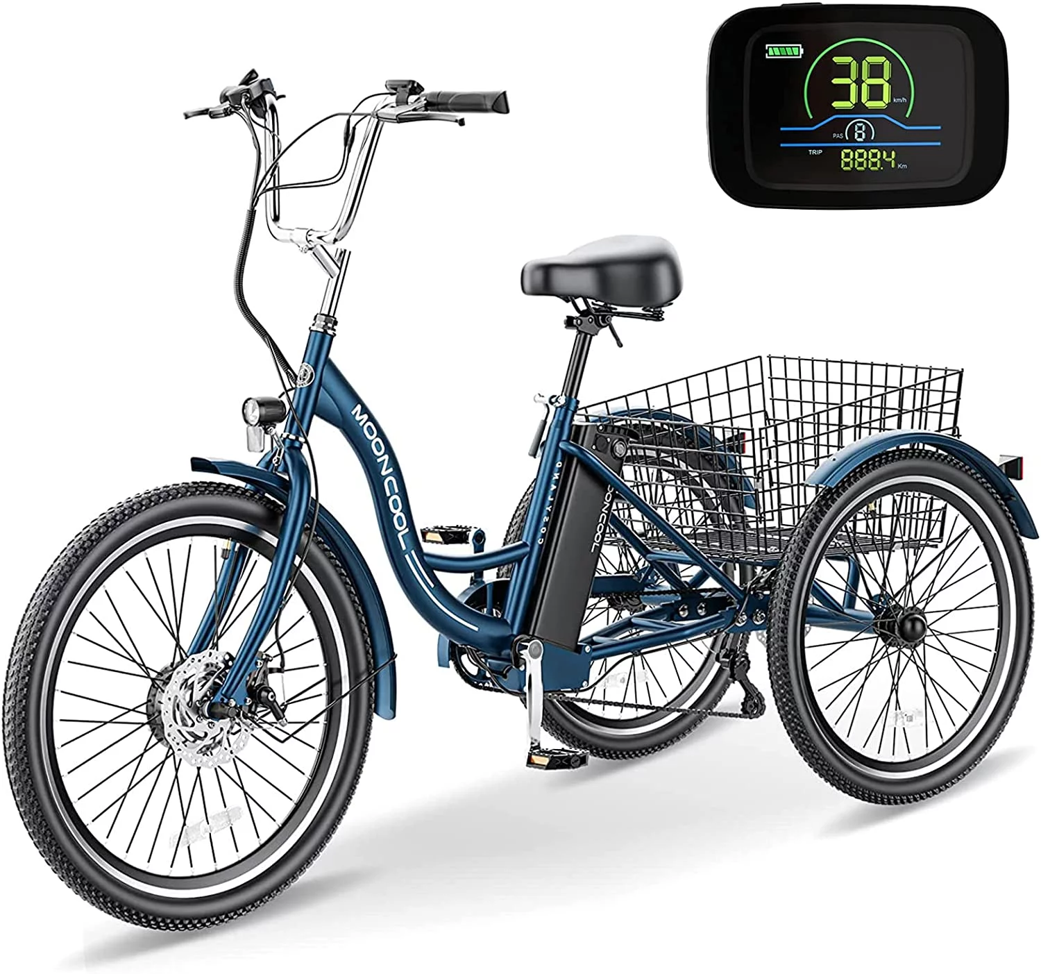 MOONCOOL Electric Tricycle, 350W 36V 24 Inches 7 Speeds 3 Wheels Electric Bikes for Adults, Motorized Electric Trike Three Wheel Electric Bicycle
