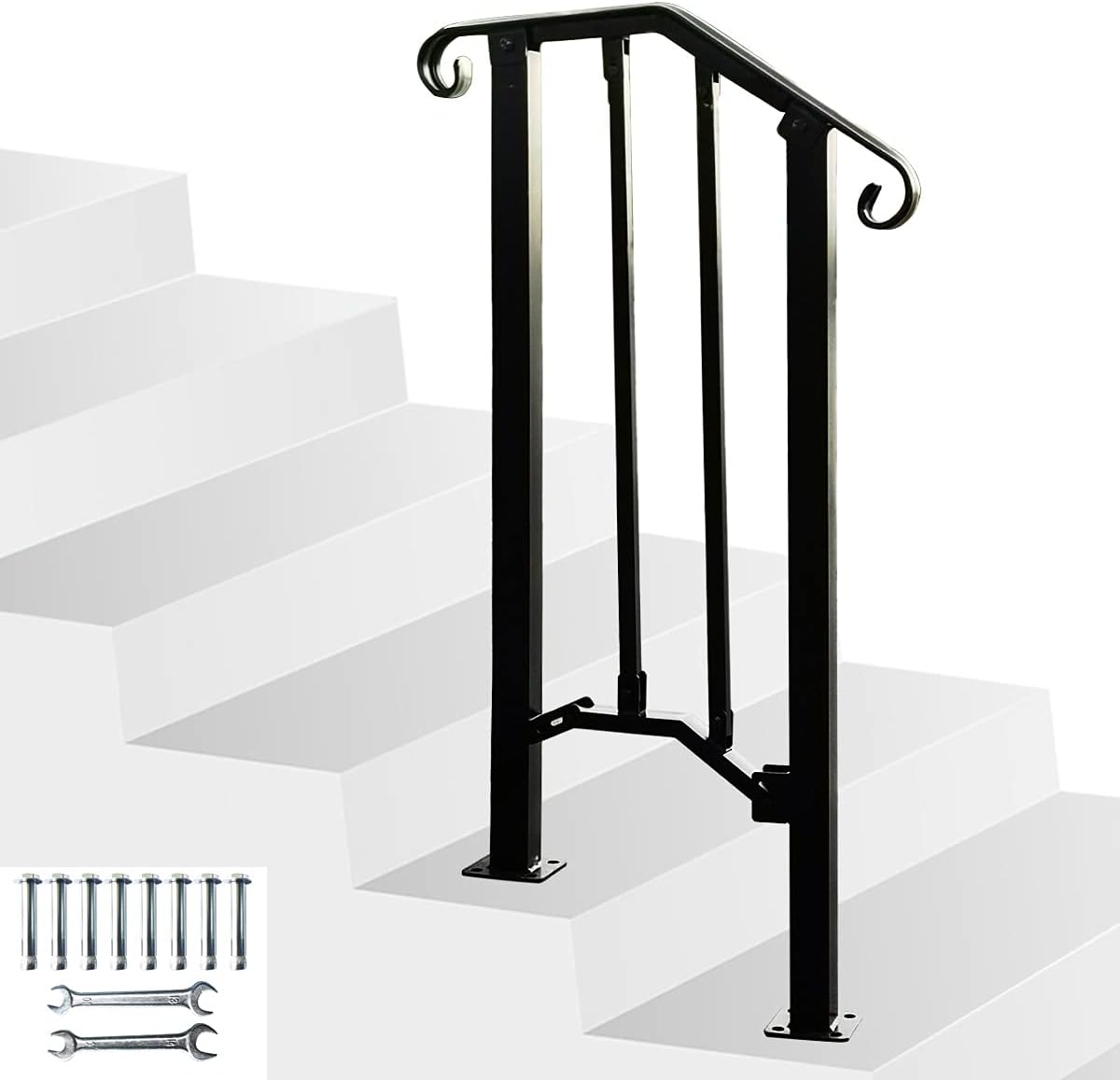 AMAKZH Handrails for Outdoor Steps Stair Railing Kit Black Metal Handrail Bracket Picket Fits 1 to 2 Step Wrought Iron Safety Staircase