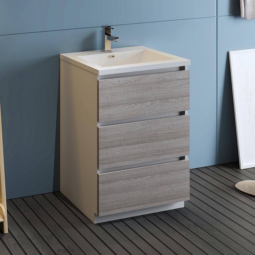 Fresca FCB9324HA-I Lazzaro 24x22 Glossy Ash Gray Free Standing Modern Bathroom Cabinet with Integrated Sink