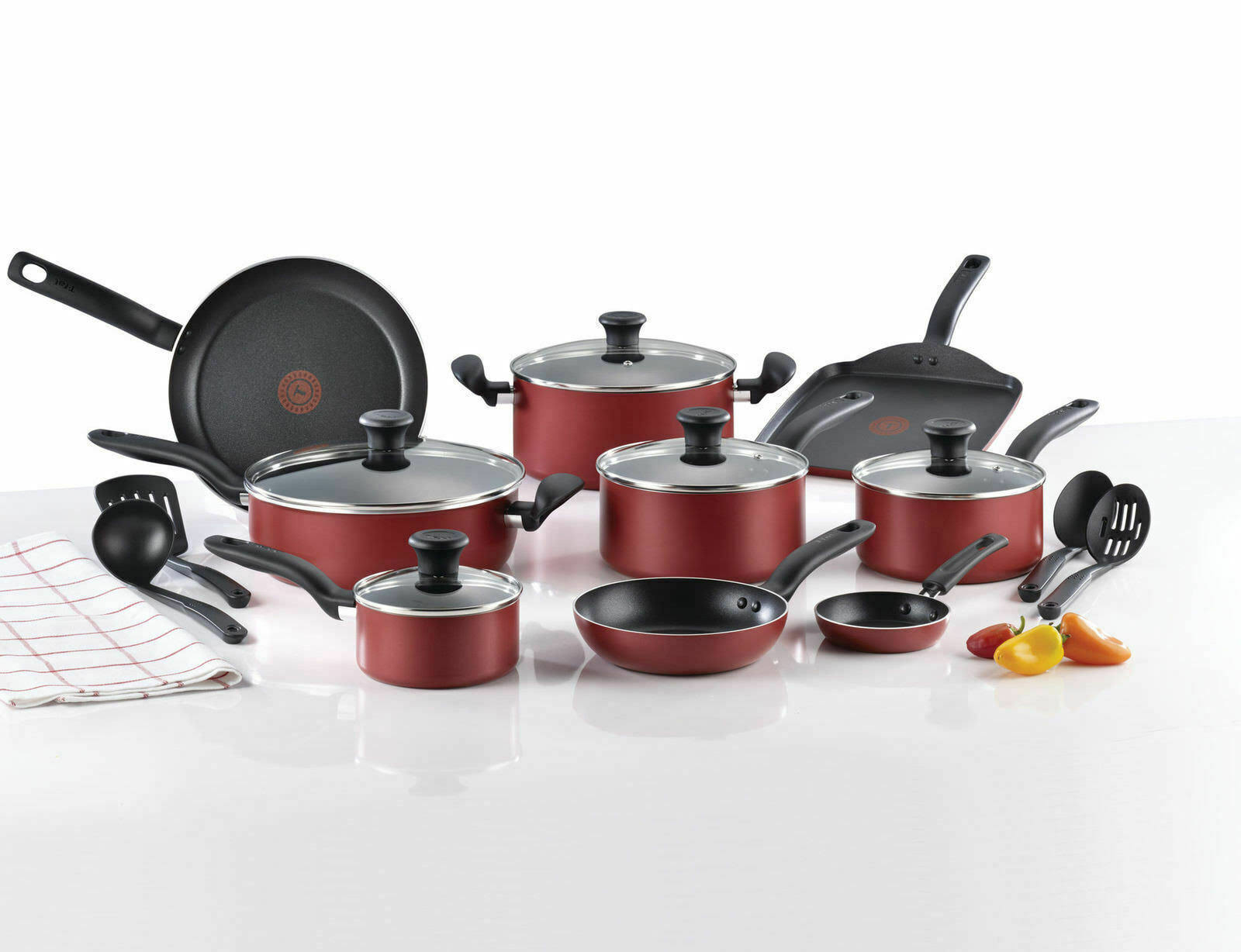 T-fal, Dishwasher Safe Cookware Set, 18 Piece, Red Initiatives Nonstick Inside