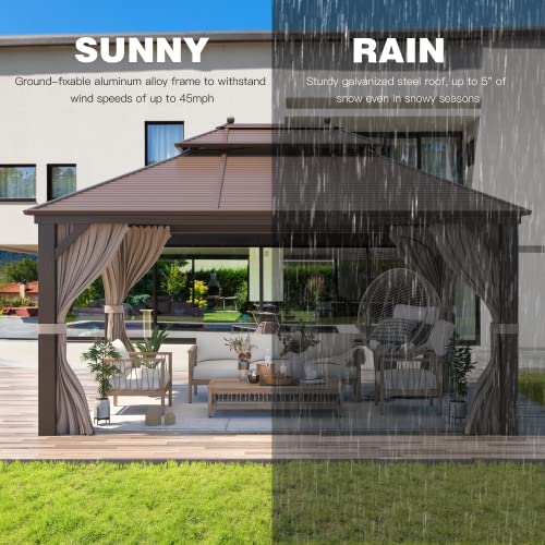YOLENY 10' x 12' Hardtop Gazebo, Wood-Looking Gazebo with Galvanized Steel Double Roof, Aluminum Frame, Permanent Metal Pavilion with Netting and Curtains for Deck, Backyard, Patio and Lawns