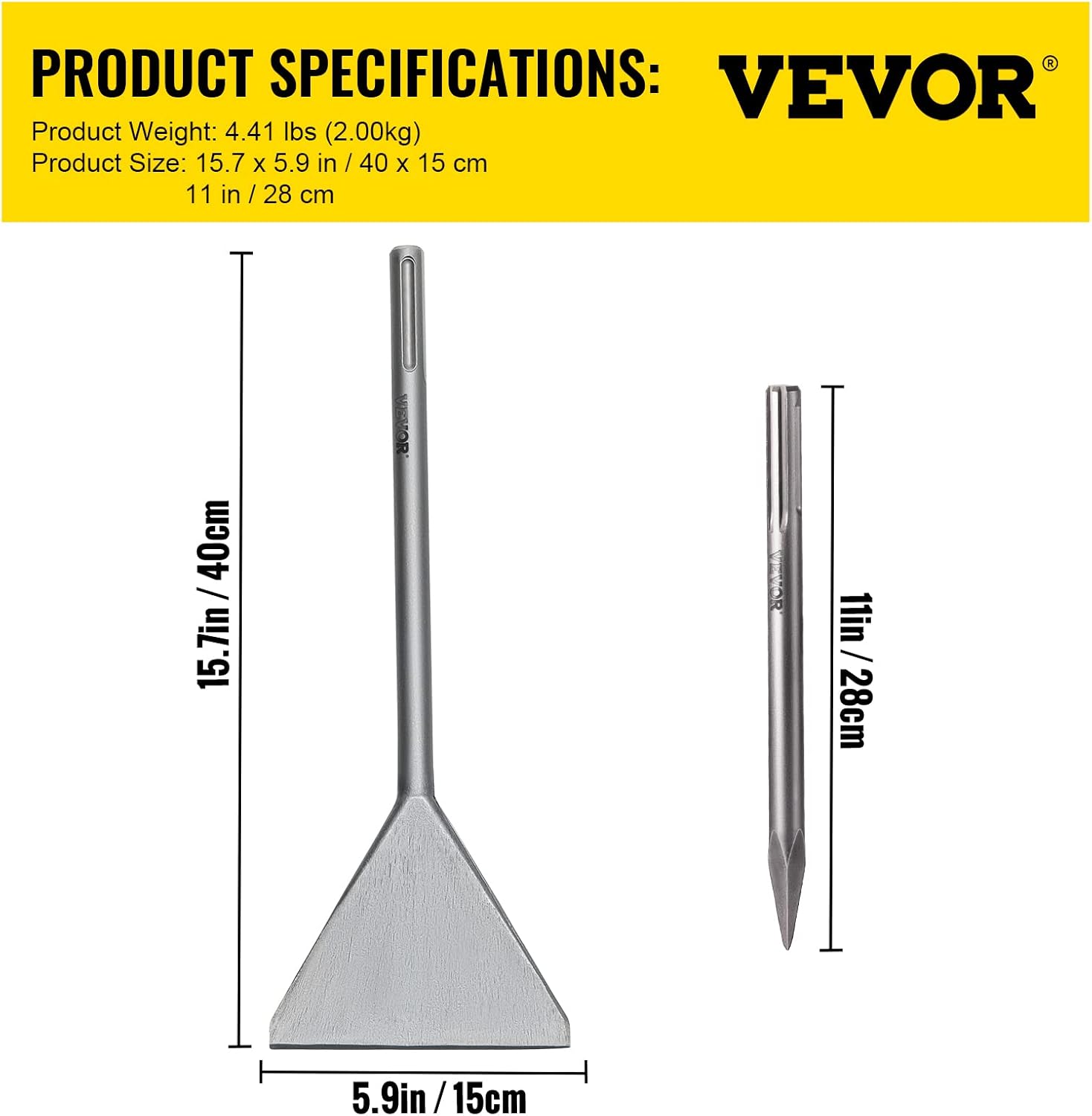 VEVOR Clay Spade, 5.9" x 15.7" SDS Max Shank, 40Cr Steel Jackhammer Bit for Electric Demolition Jack Hammer w/Point Chisel, Trenching and Digging Shovel Bit for Clay, Gravel, Frozen Soil Pack of 2