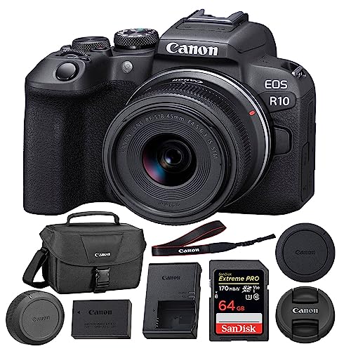 Canon EOS R10 Mirrorless Camera with RF-S 18-45mm Lens Bundle with 64GB Extreme PRO UHS-I SDXC Memory Card + Canon 200ES EOS Shoulder Bag (3 Items)