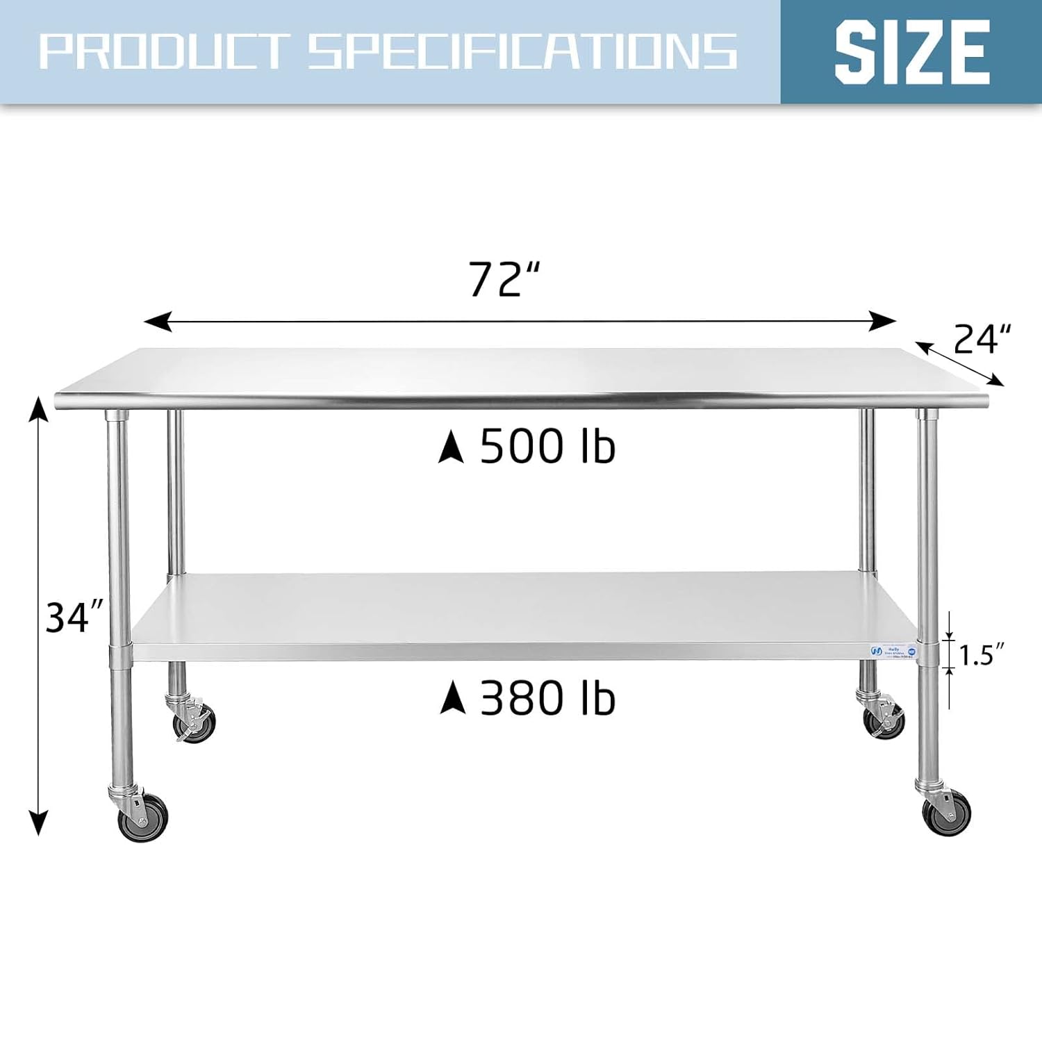 Hally Stainless Steel Table for Prep & Work 24 x 36 Inches with Caster Wheels, NSF Commercial Heavy Duty Table with Undershelf and Galvanized Legs for Restaurant, Home and Hotel