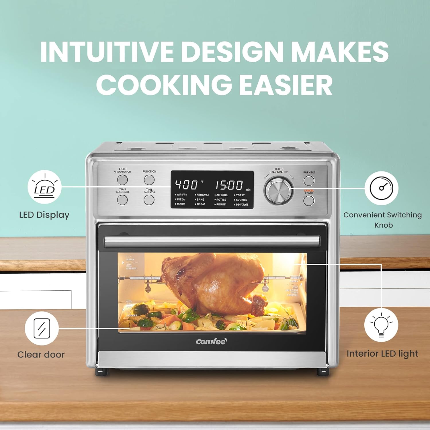 COMFEE' Toaster Oven Air Fryer Combo, 12-in-1 Air Fryer Oven with Rotisserie, 6 Slice Toast 12' Pizza, Double Layer, Countertop Convection, 25L/26.4QT, Precise Temp Control, 6 Accessories