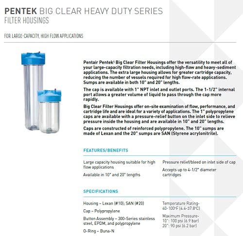 Pentair Pentek Big Blue Filter Housing, #10 Whole House Heavy Duty Water Filter Housing with High-Flow Polypropylene (HFPP) Cap and Pressure Relief Button, 10-Inch