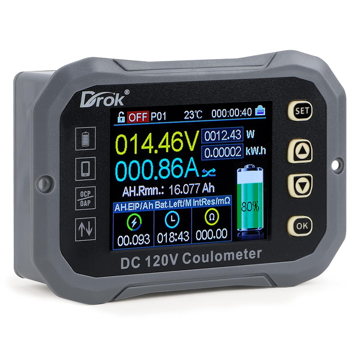 Charge-Discharge Multi Meter, DROK 0-120V 100A DC Voltmeter Coulometer, Mobile Phone APP Control LCD Battery Monitor Volt Amp Temp Power Capacity Timing Monitor for RV, Boat, E-Bike Pack of 2