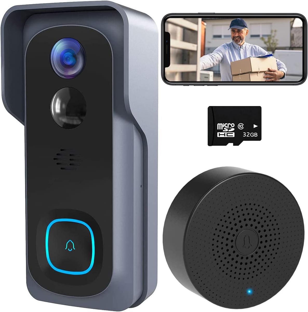 Wireless Video Doorbell Camera with Chime & 32GB SD Card , Euki Door Bell Ringer Wireless with Camera, 1080P HD, Human Detection, Night Vision, 2-Way Audio, IP65, Rechargeable Battery, for iOS&Android
