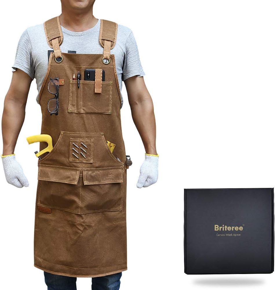 Briteree Woodworking Aprons for men, Gift for Woodworker, with 9 Tool Pockets, Durable Waxed Canvas