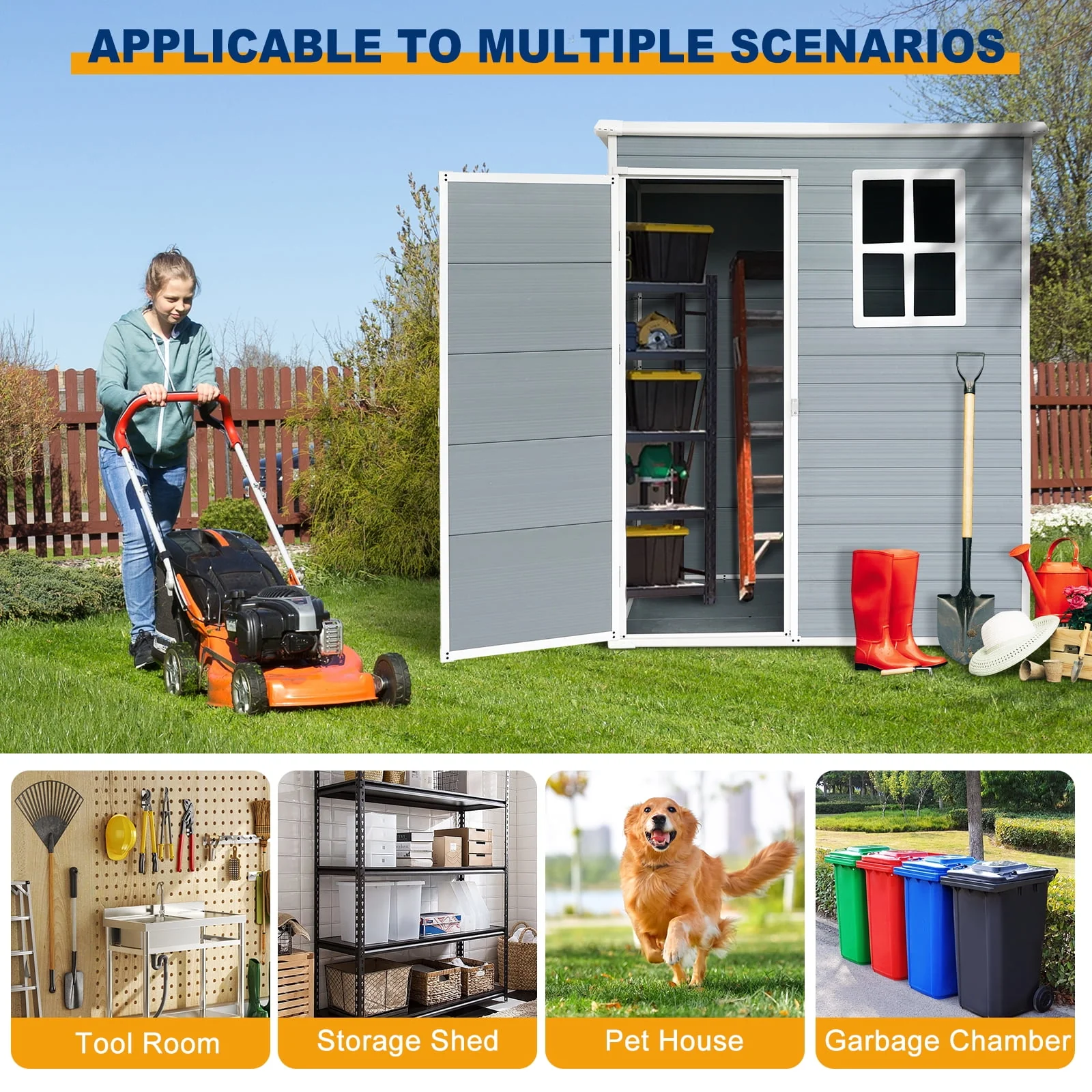 6' x 4.4' Plastic Outdoor Shed, All-Weather Resin Large Backyard Storage Sheds with Reinforced Floor, Lockable Door Garage Patio Garden Storage Shed