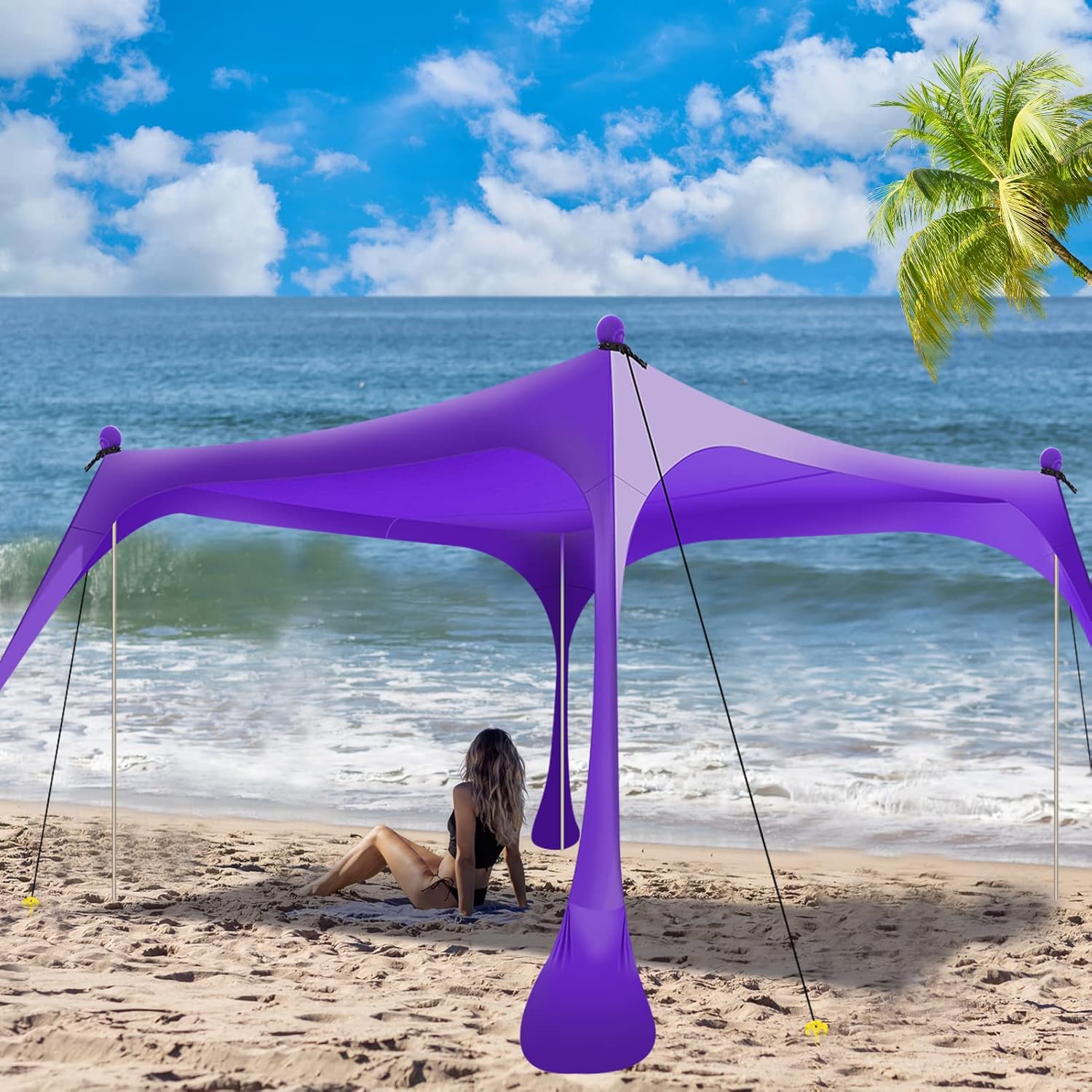 Buheco Beach Tent Pop Up Shade 7x7.5ft Beach Canopy Sun Shelter UPF50+ with 4 Foldable Poles-Portable Carrying Bag-Sand Shovel-Ground Pegs-Windproof Ropes for Outdoor Family Camping-Fishing- Picnic