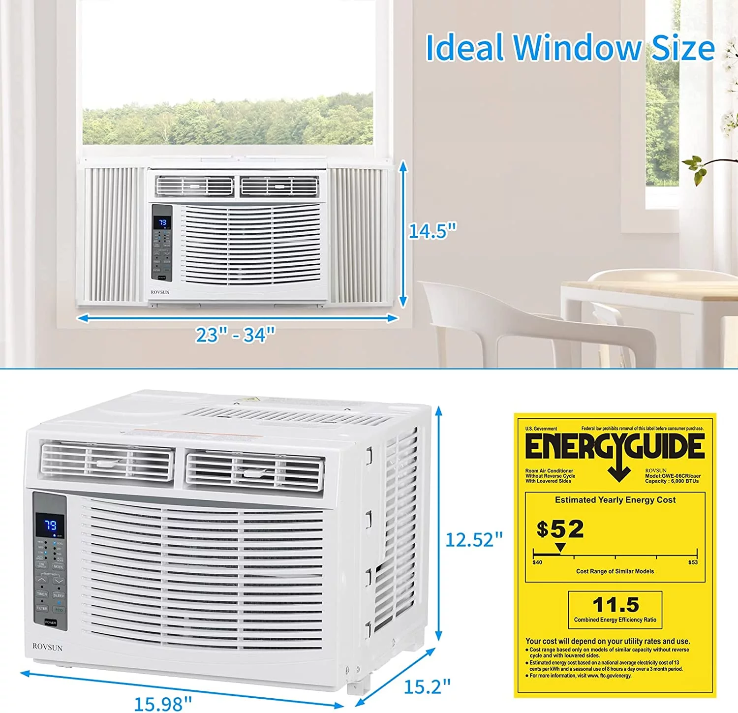 ROVSUN Wifi Enabled 6000 BTU Window Air Conditioner, 115V/60Hz Window AC Unit with Remote & APP Control, Cooling Rooms up to 250 Sq. Ft, Easy Install Kit Included, White