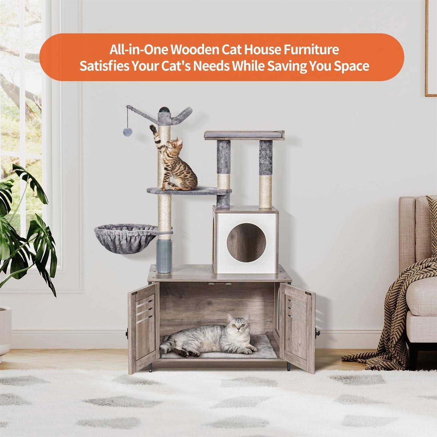 Snughome Cat Litter Box Enclosure with Cat Tree Wooden Hidden Cat Washroom Furniture with Condo - Pet Supplies online store