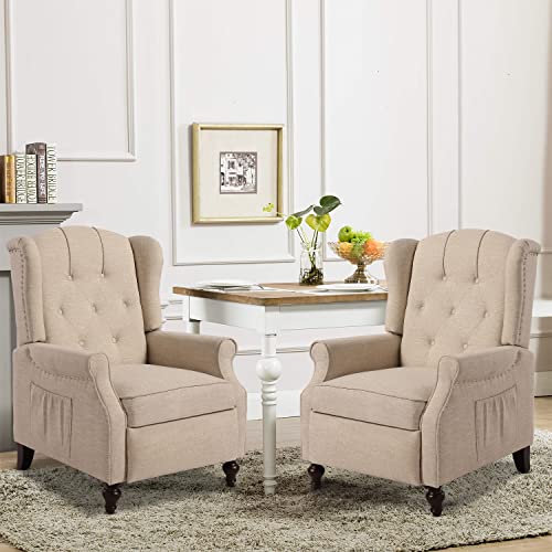 Wingback Recliner Chair with Massage and Heat, Tufted Fabric Pushback Recliner Chair, Wingback Chair with Remote Control, Padded Cushion, Wooden Legs, Small Recliners for Small Spaces