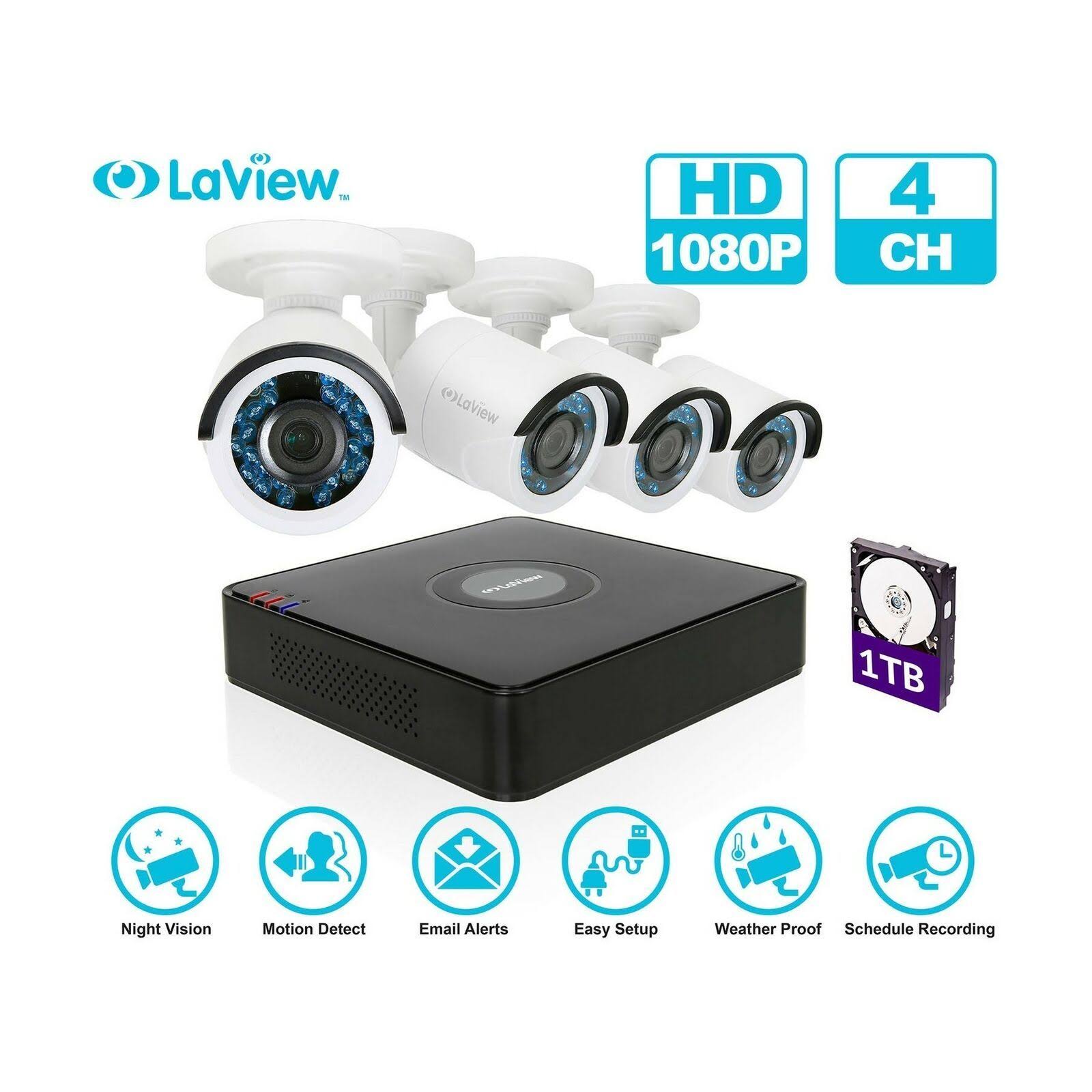 Laview 1080p HD 4 Security Cameras 4CH Home Video Camera System w/ 1TB HDD