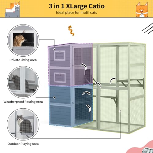 Outdoor Catio, Large Cat Enclosure House Weatherproof, 2 Resting Rooms, 4-Tier Cat Cage Catio for Cats w/ 2 Platforms, Wood