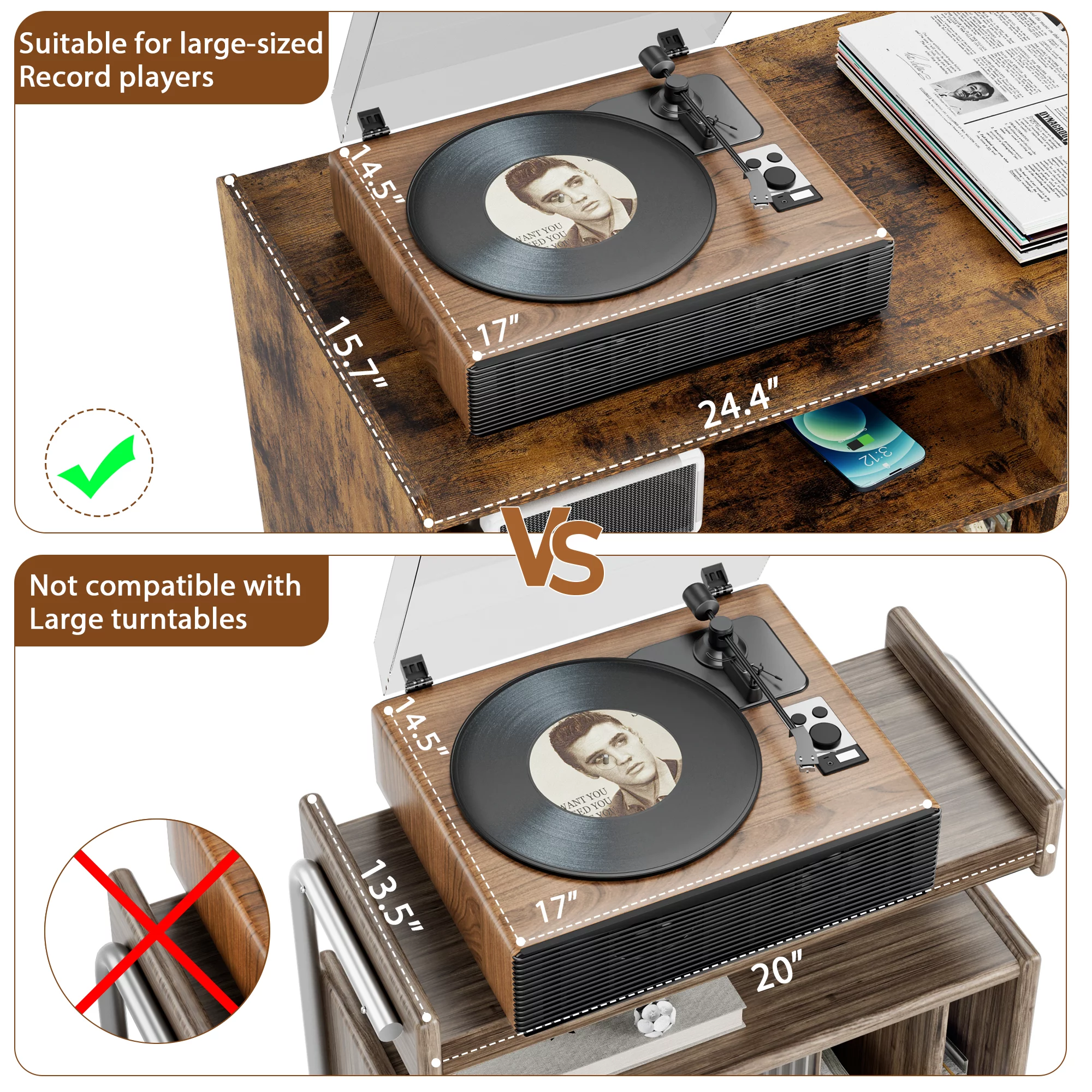 Luxmo Record Player Stand with Vinyl Storage, Vinyl Record storage Cabinet with Charging Station, Turntable Stand Record Table Display with Wood Legs for Bedroom Living Room