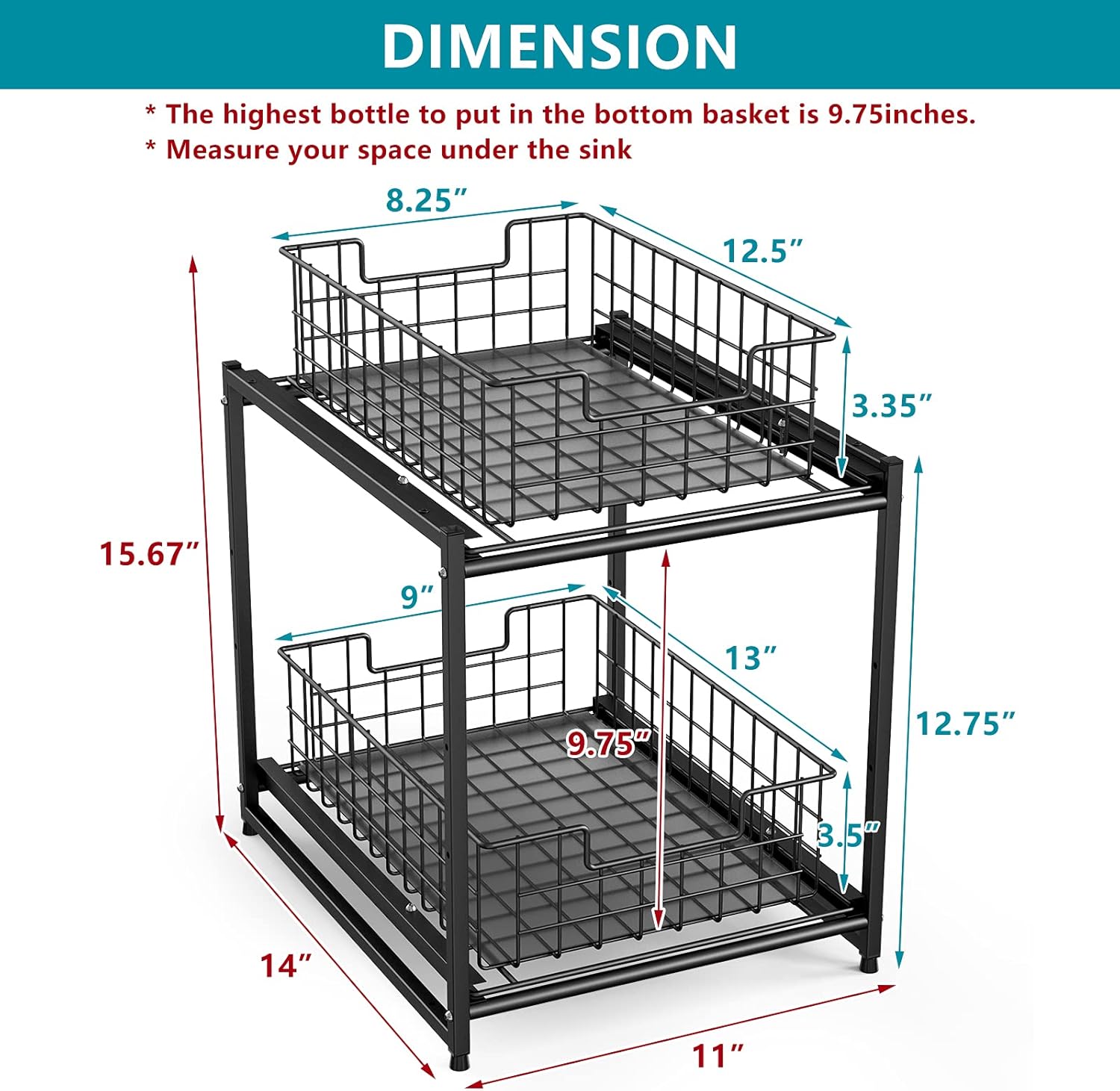 FavoThings Stackable 2-Tier Kitchen Cabinet Organizer Under Sink Organizer Rack with Sliding Storage Basket Drawers, Black