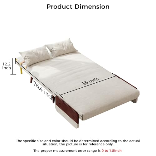 3-in-1 Convertible Chair Bed Sleeper for Adults, Linen Convertable Sleeper Chair with Wooden Arms & Pillows, Foldable Single Futon Sofa Bed (Mid Century with Walnut Arm, 36.6" Wide)