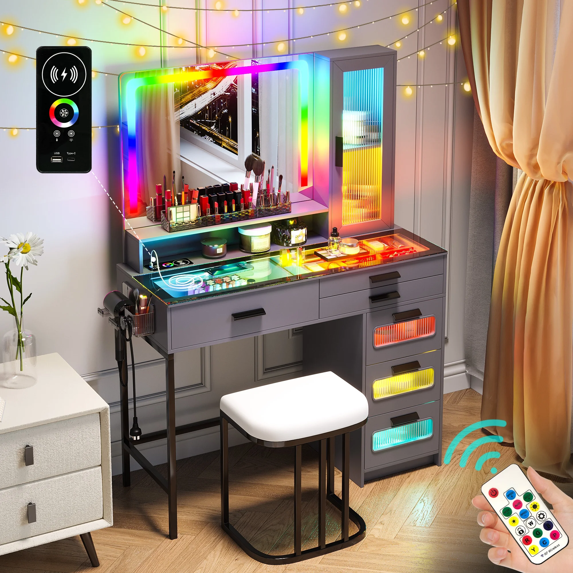HNEBC Vanity Desk with Mirror and RGB Lights, Glass Top Makeup Vanity with Auto Sensor Lights and Wireless Charging, Vanity Table Set with Cushion Stool, Dressing Table with 6 Drawers (Grey)